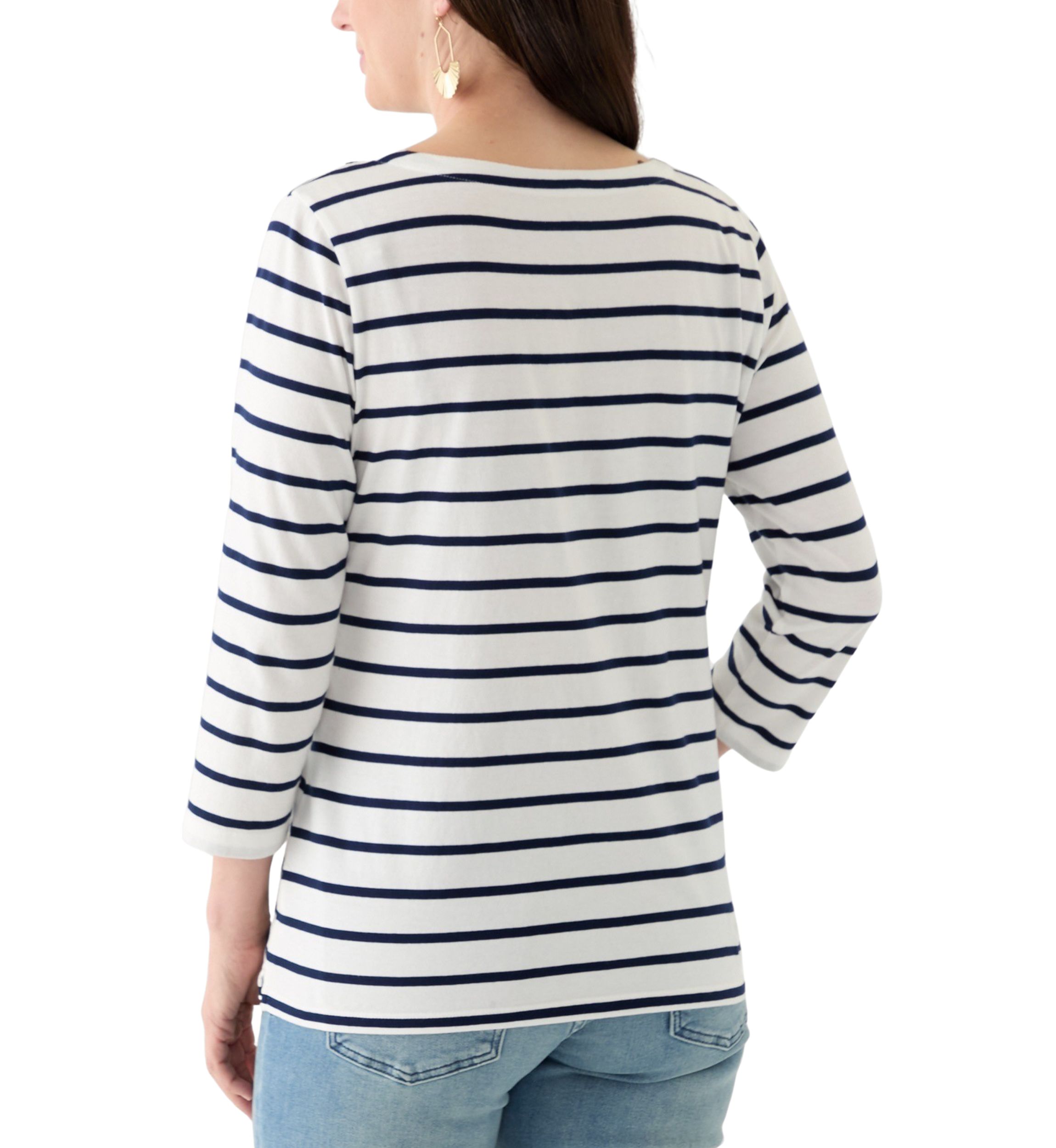 Womens 3/4 Sleeve Split Neck Top with Crochet Yoke
