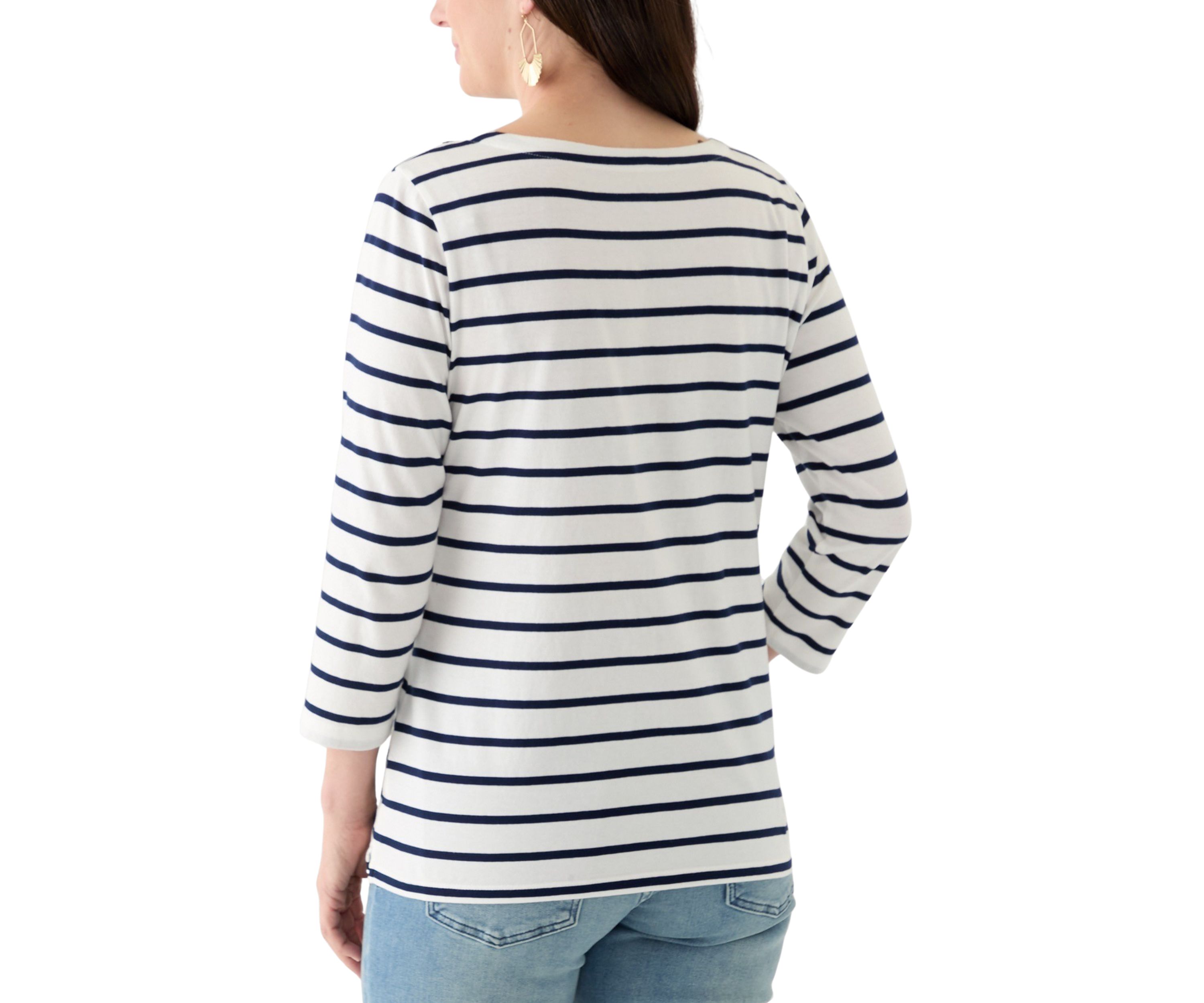 Womens 3/4 Sleeve Split Neck Top with Crochet Yoke