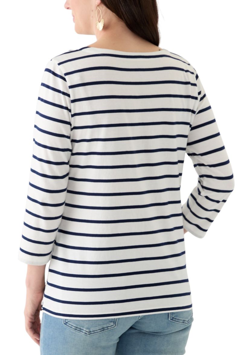 Womens 3/4 Sleeve Split Neck Top with Crochet Yoke