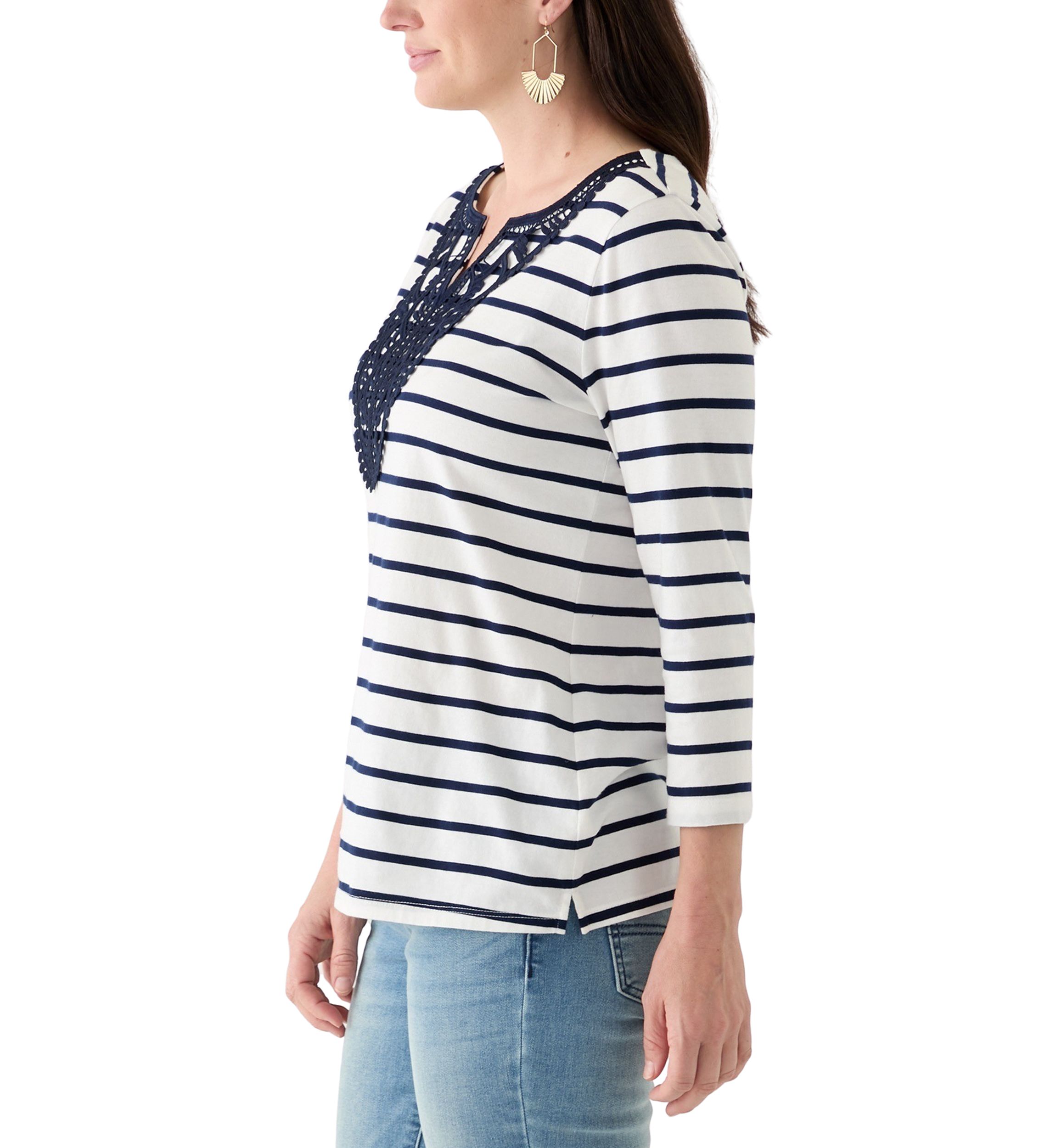 Womens 3/4 Sleeve Split Neck Top with Crochet Yoke