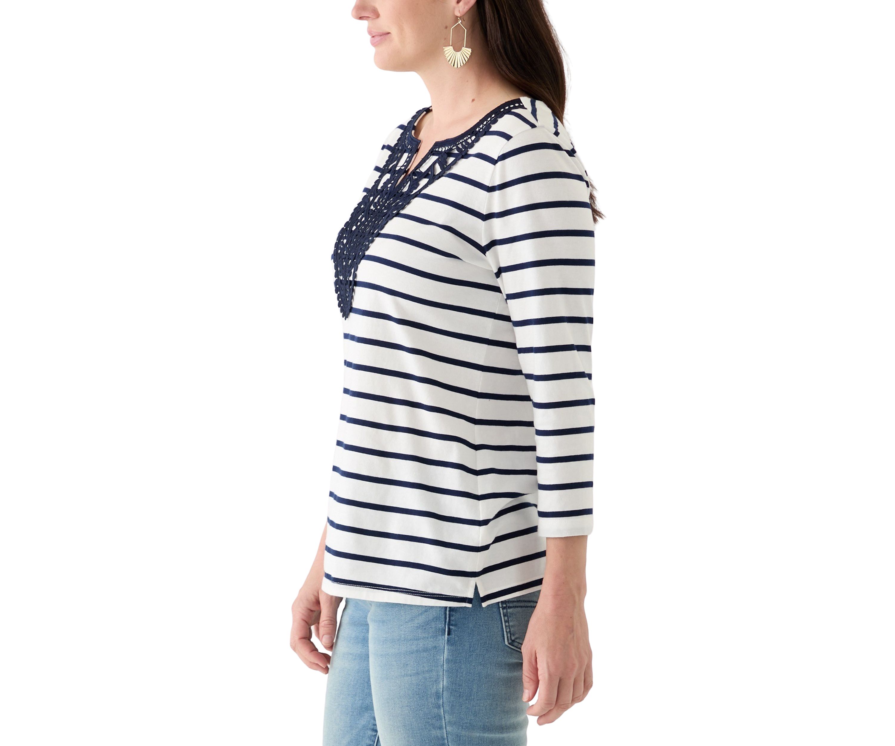 Womens 3/4 Sleeve Split Neck Top with Crochet Yoke