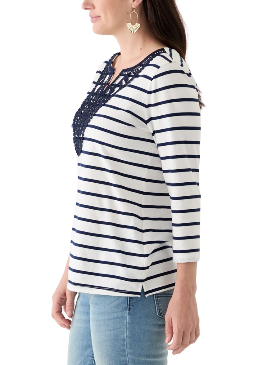 Womens 3/4 Sleeve Split Neck Top with Crochet Yoke