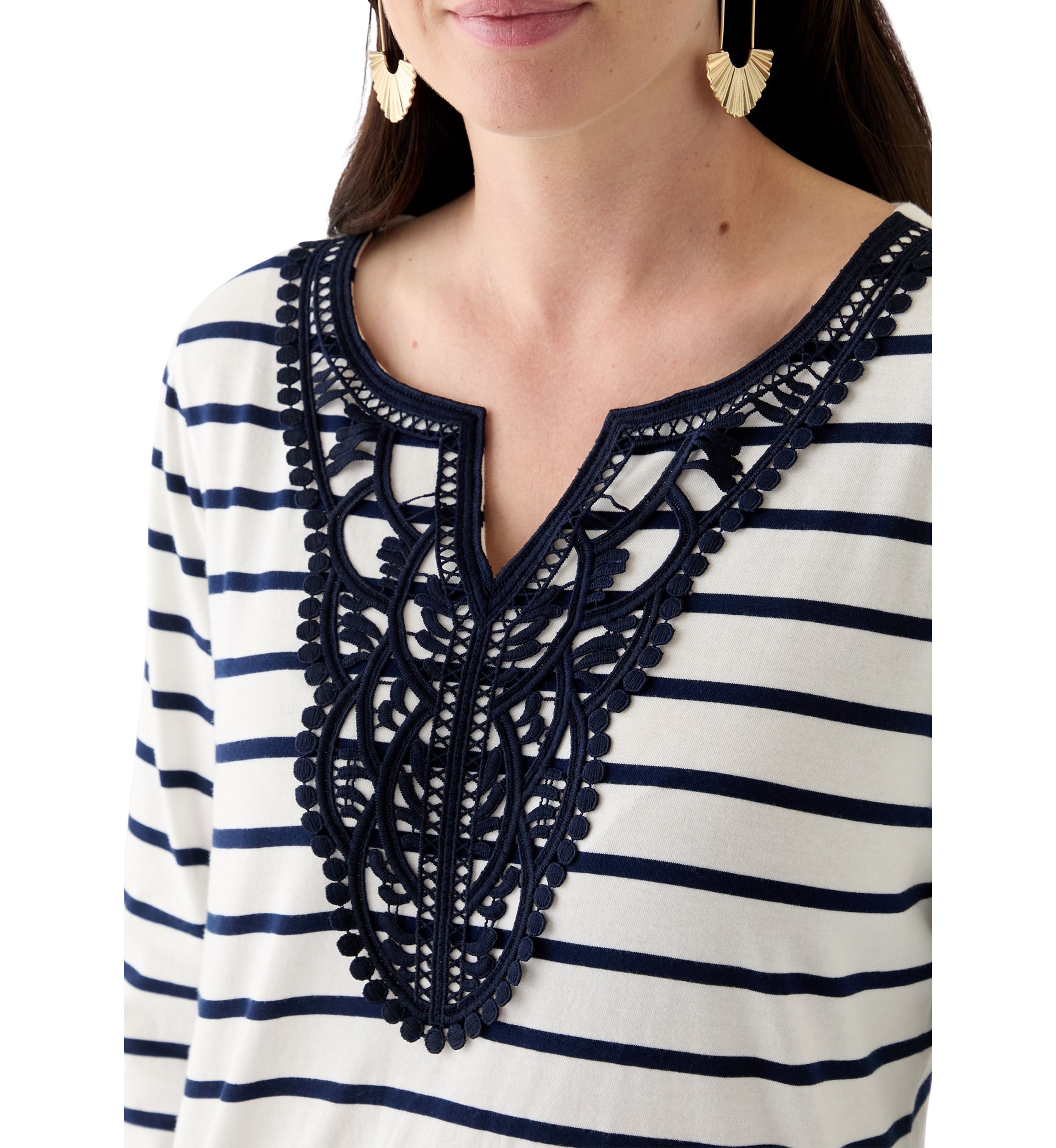 Womens 3/4 Sleeve Split Neck Top with Crochet Yoke