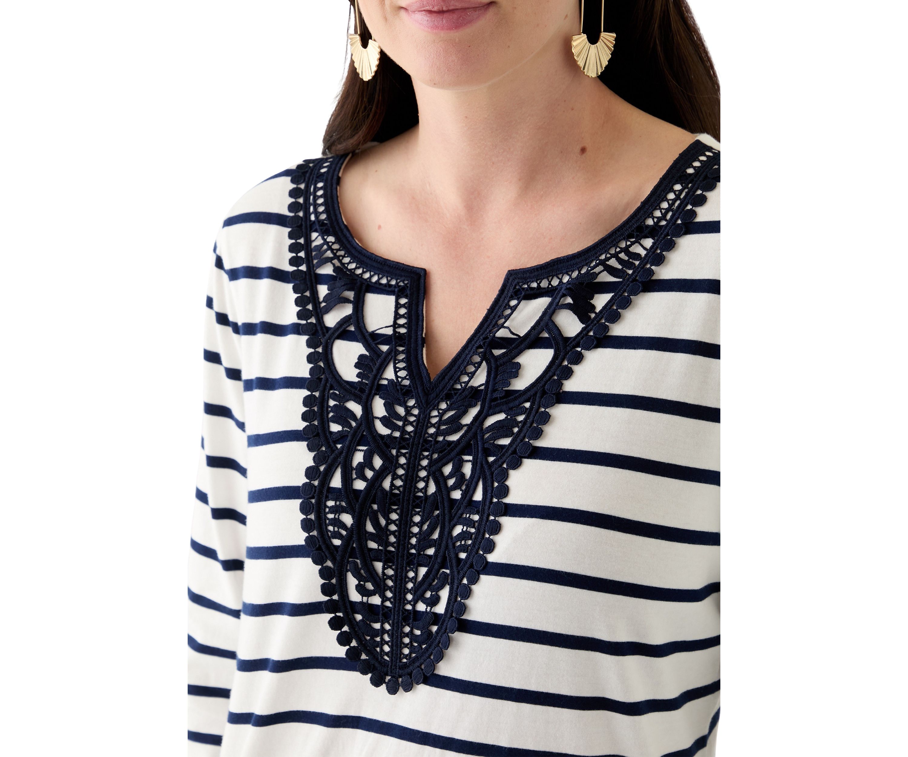 Womens 3/4 Sleeve Split Neck Top with Crochet Yoke