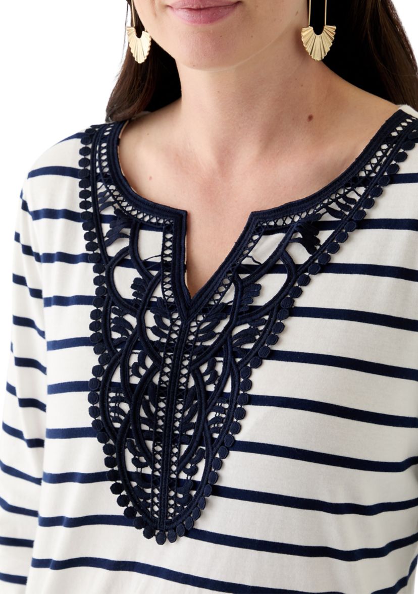 Womens 3/4 Sleeve Split Neck Top with Crochet Yoke