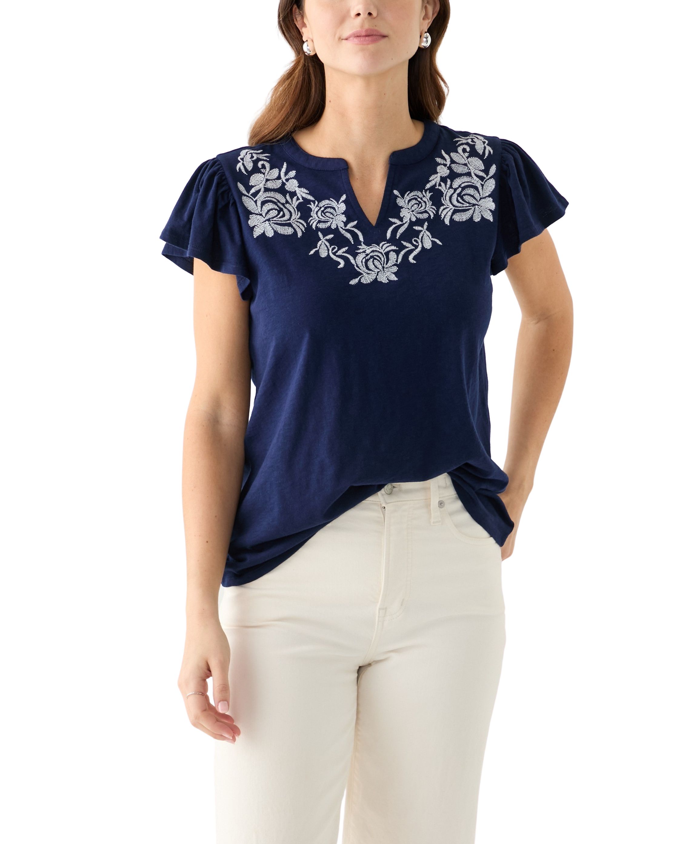 Womens Short Flutter Sleeve Embroidered Top