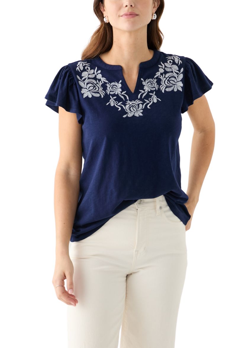 Womens Short Flutter Sleeve Embroidered Top