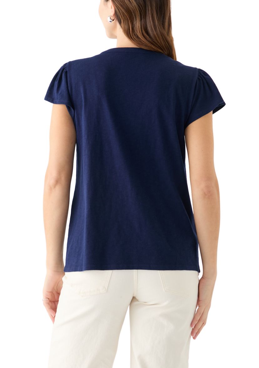 Womens Short Flutter Sleeve Embroidered Top