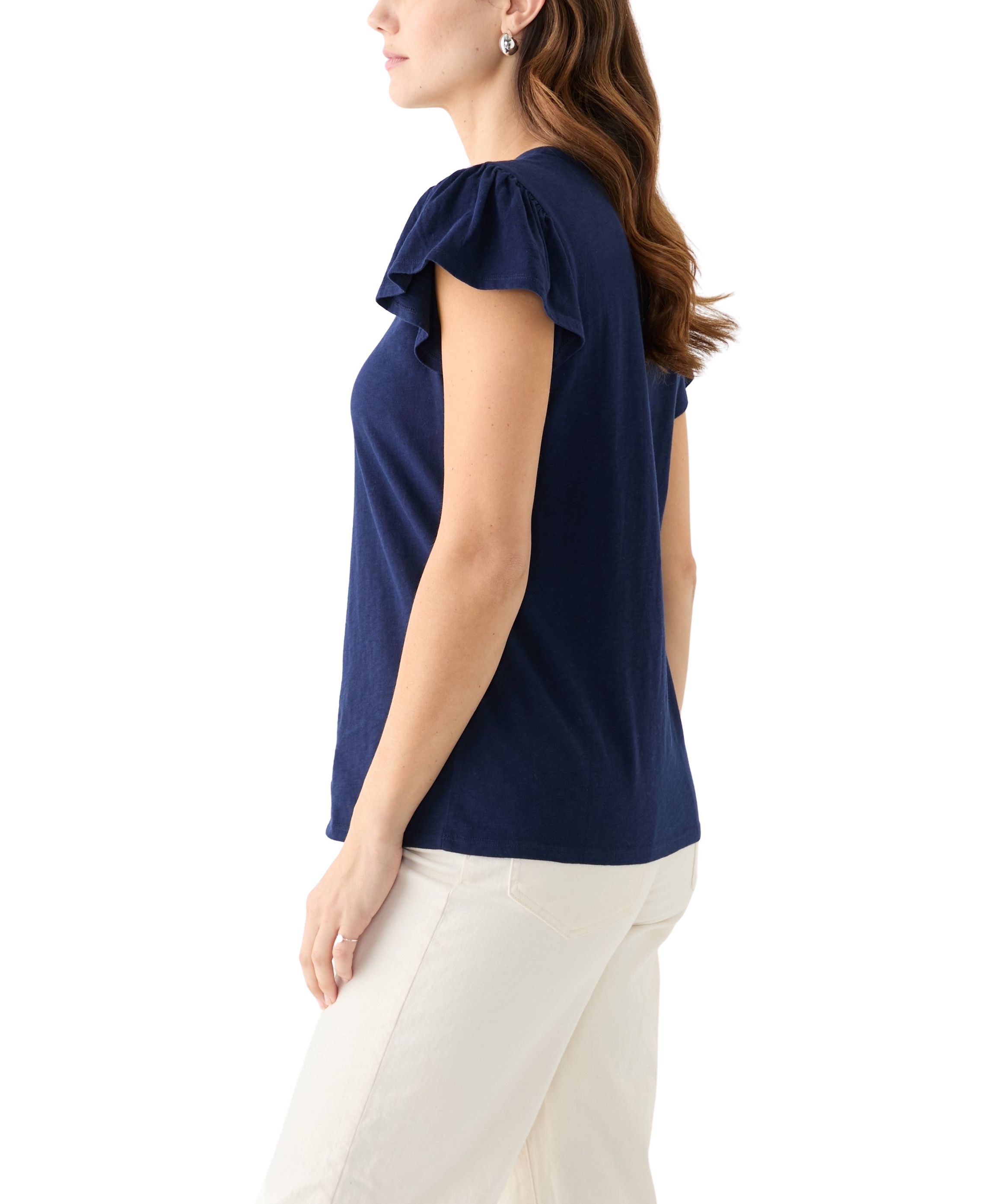 Womens Short Flutter Sleeve Embroidered Top