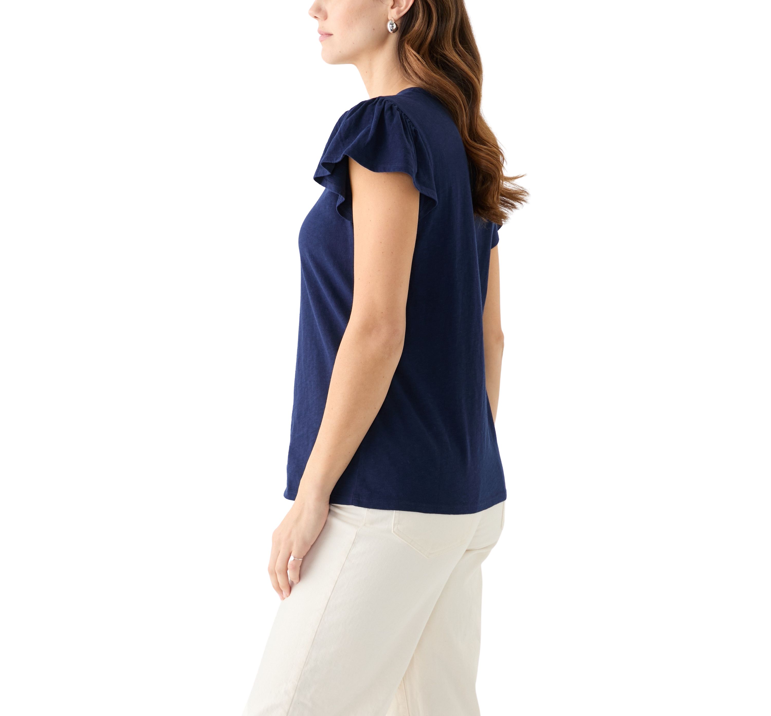 Womens Short Flutter Sleeve Embroidered Top