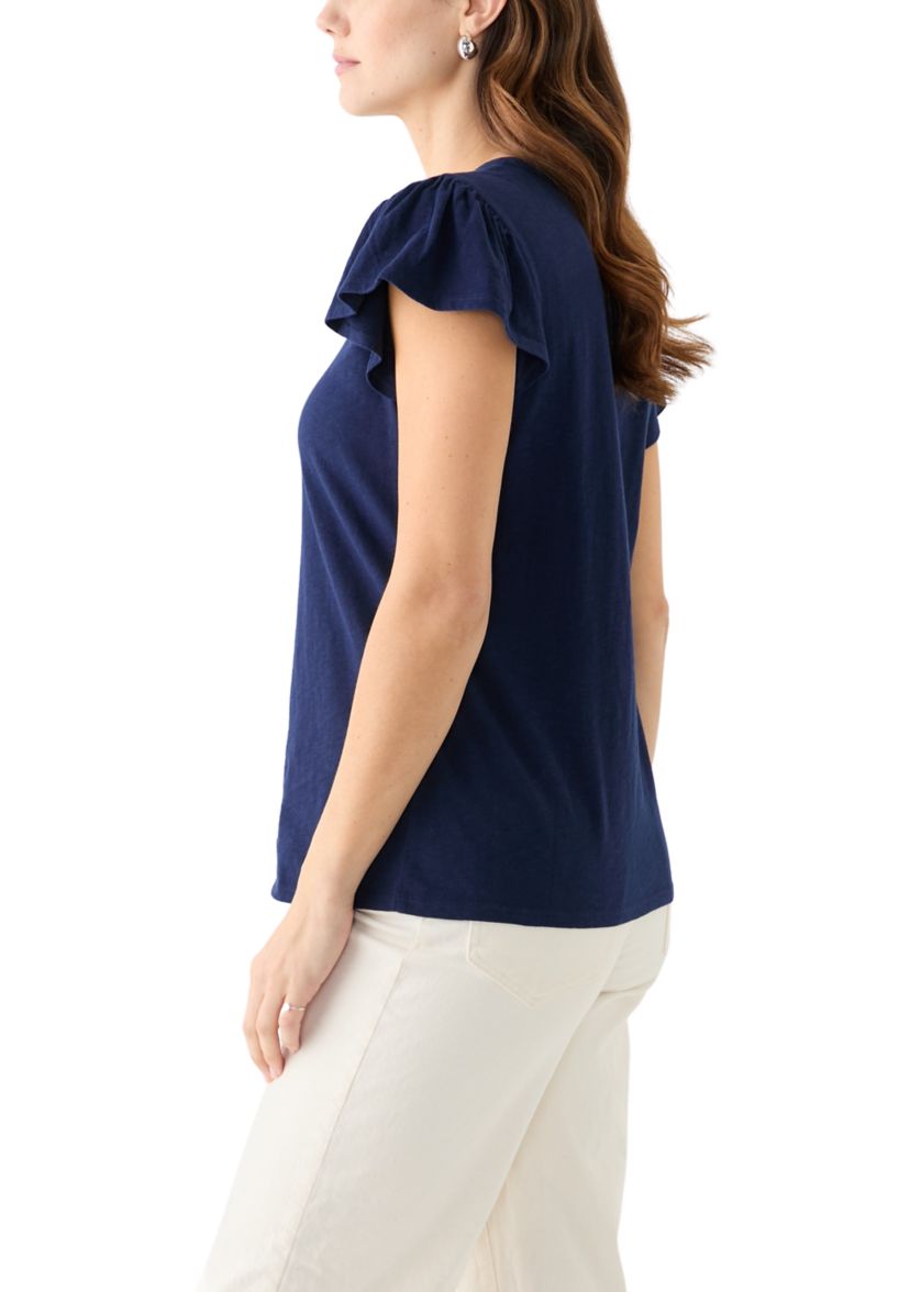 Womens Short Flutter Sleeve Embroidered Top