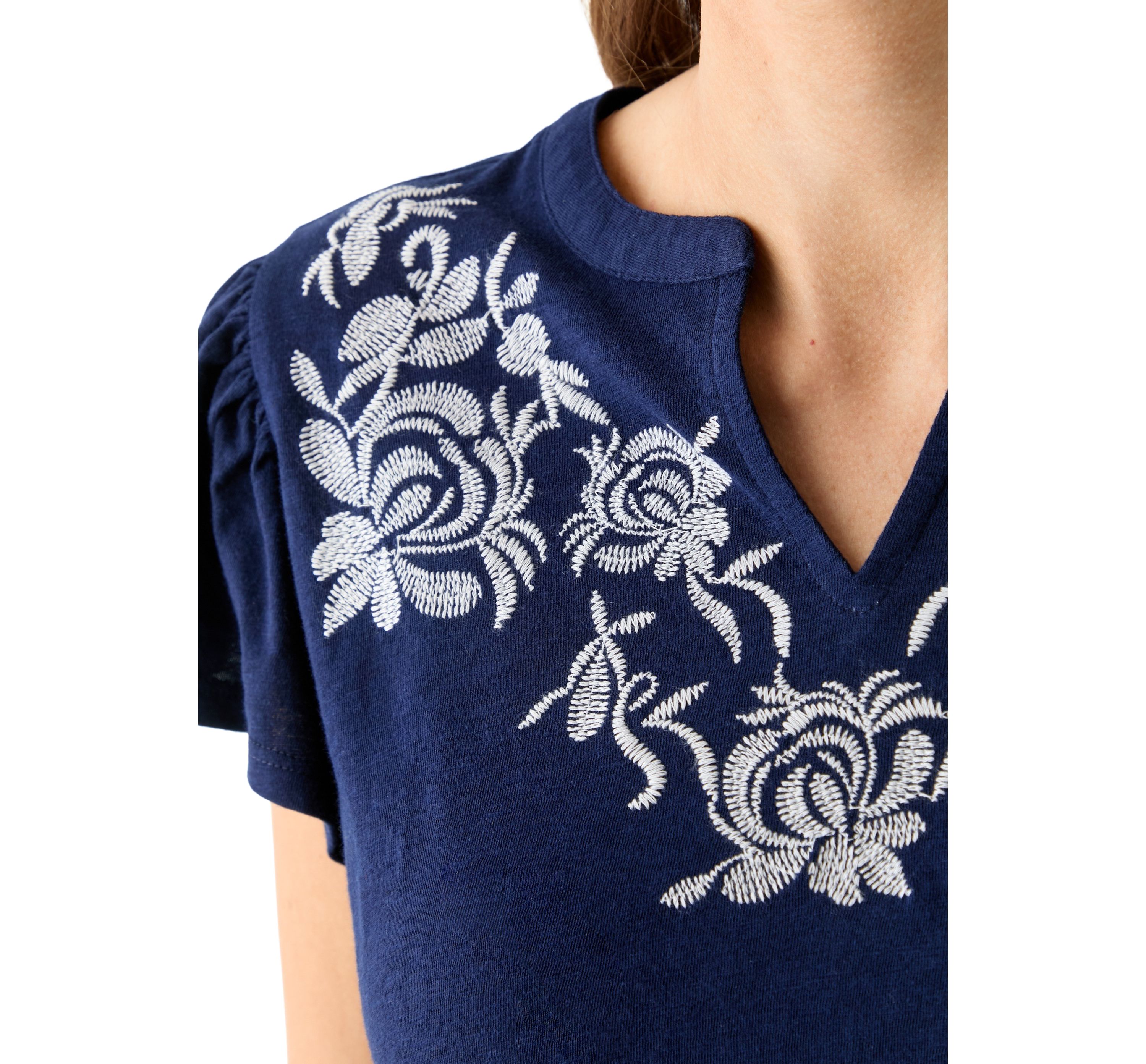 Womens Short Flutter Sleeve Embroidered Top