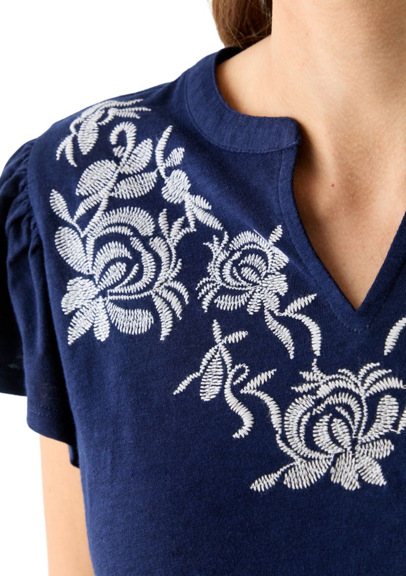 Womens Short Flutter Sleeve Embroidered Top