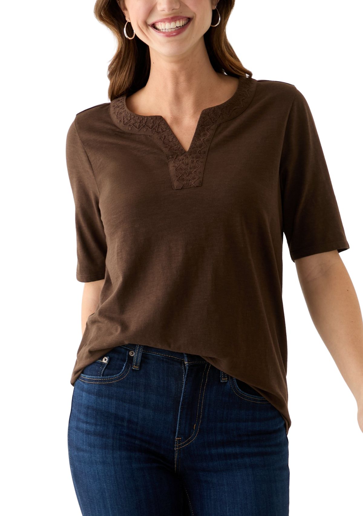 Womens Elbow Sleeve Split Neck Embroidered Top