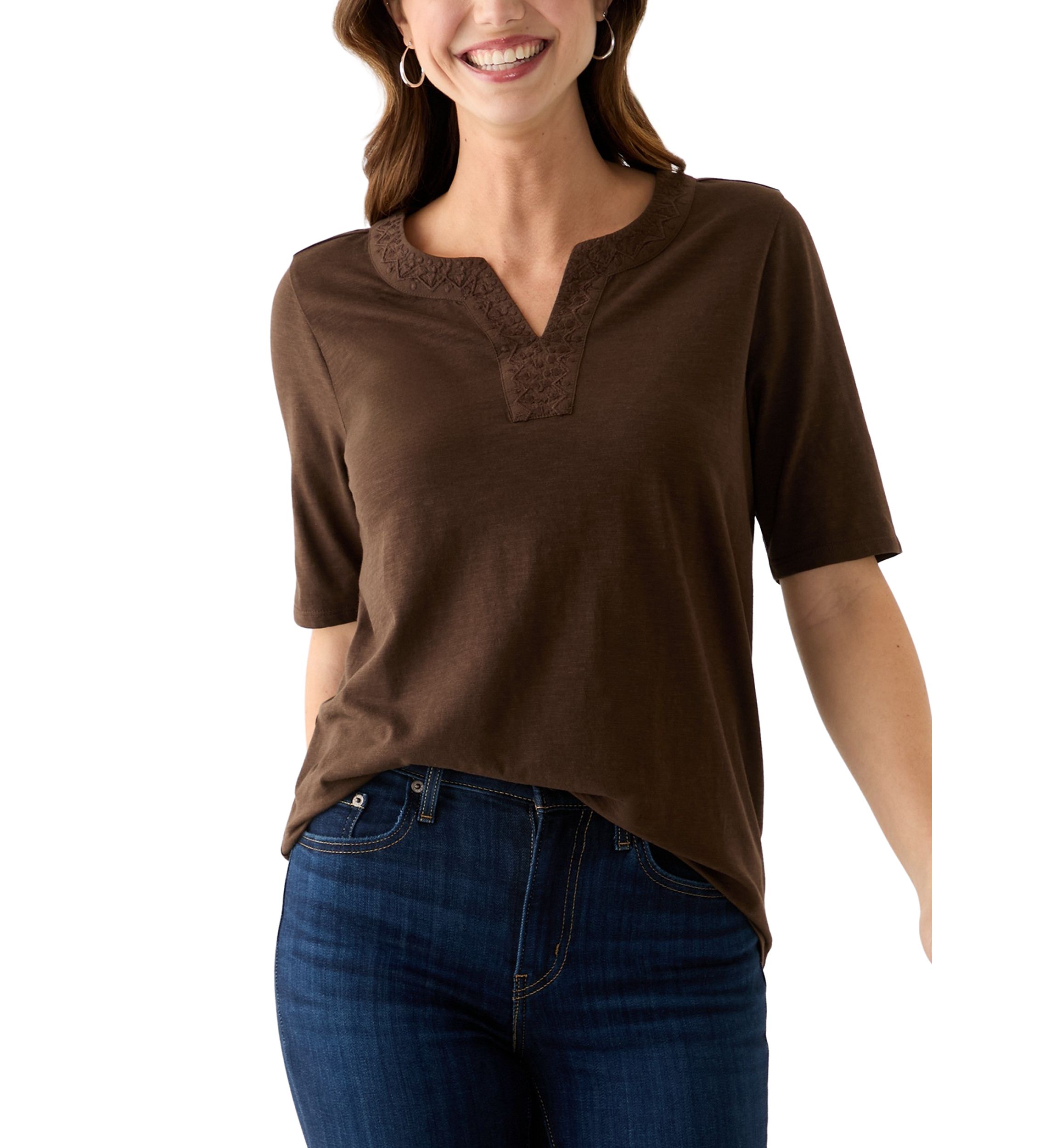Womens Elbow Sleeve Split Neck Embroidered Top