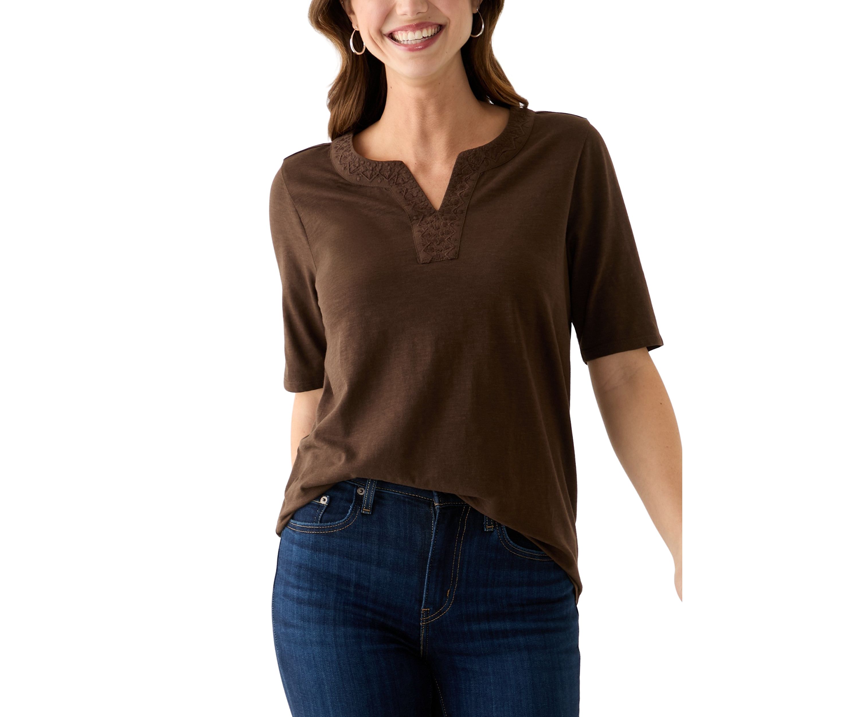 Womens Elbow Sleeve Split Neck Embroidered Top