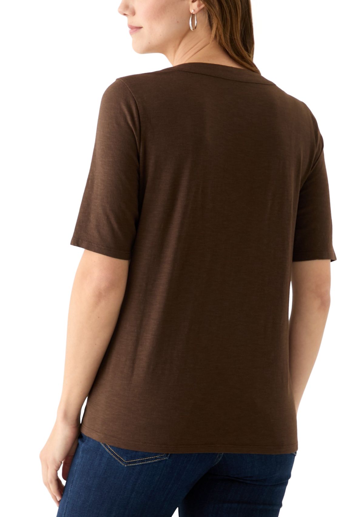 Womens Elbow Sleeve Split Neck Embroidered Top