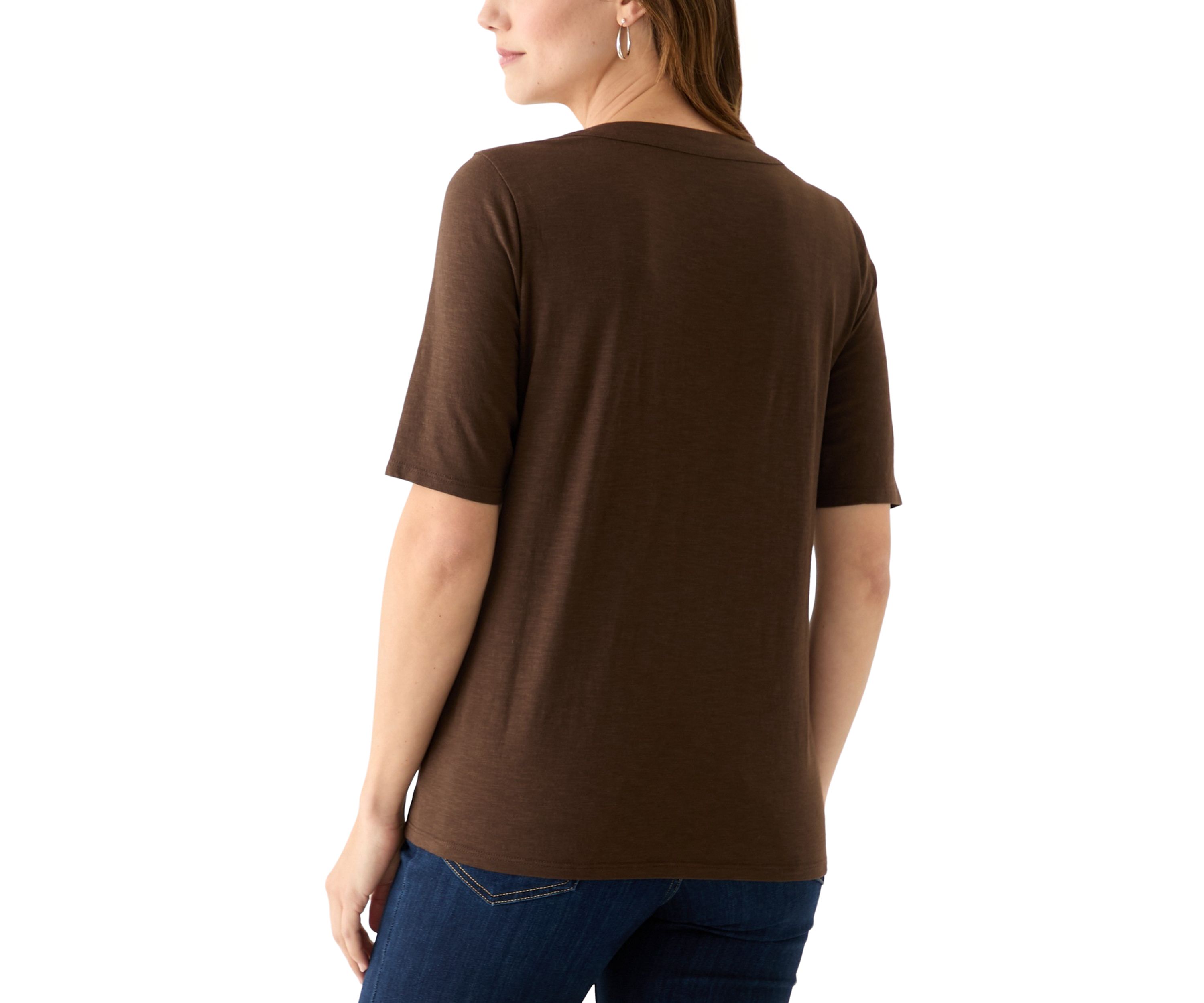 Womens Elbow Sleeve Split Neck Embroidered Top