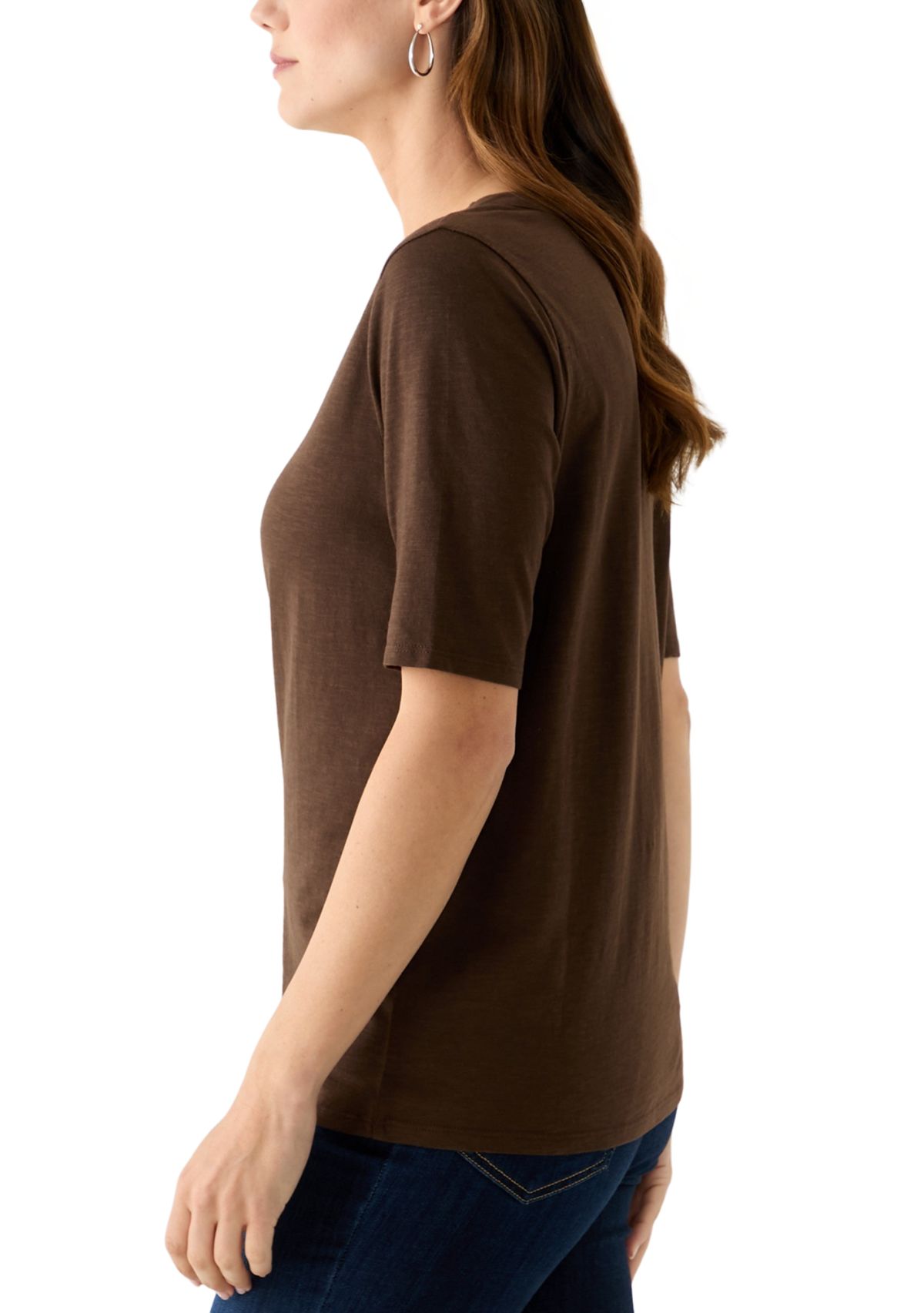 Womens Elbow Sleeve Split Neck Embroidered Top