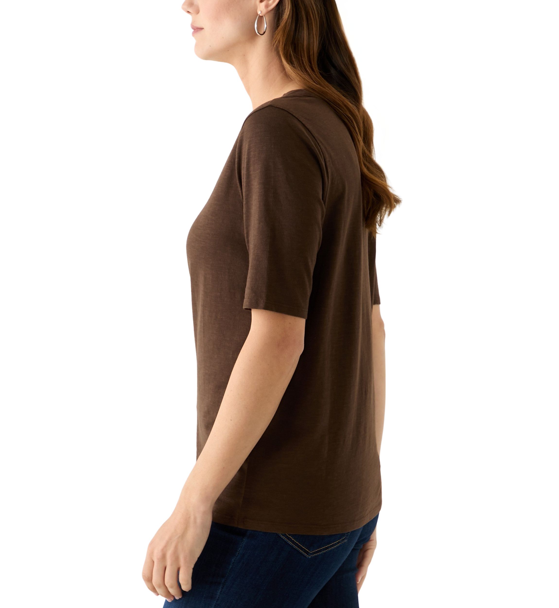 Womens Elbow Sleeve Split Neck Embroidered Top
