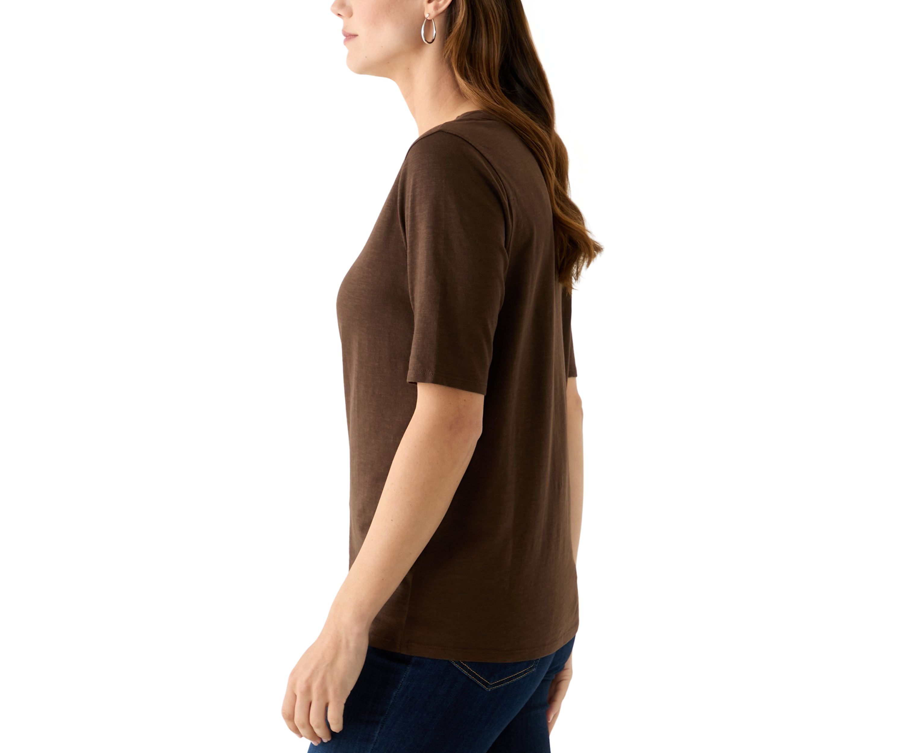Womens Elbow Sleeve Split Neck Embroidered Top