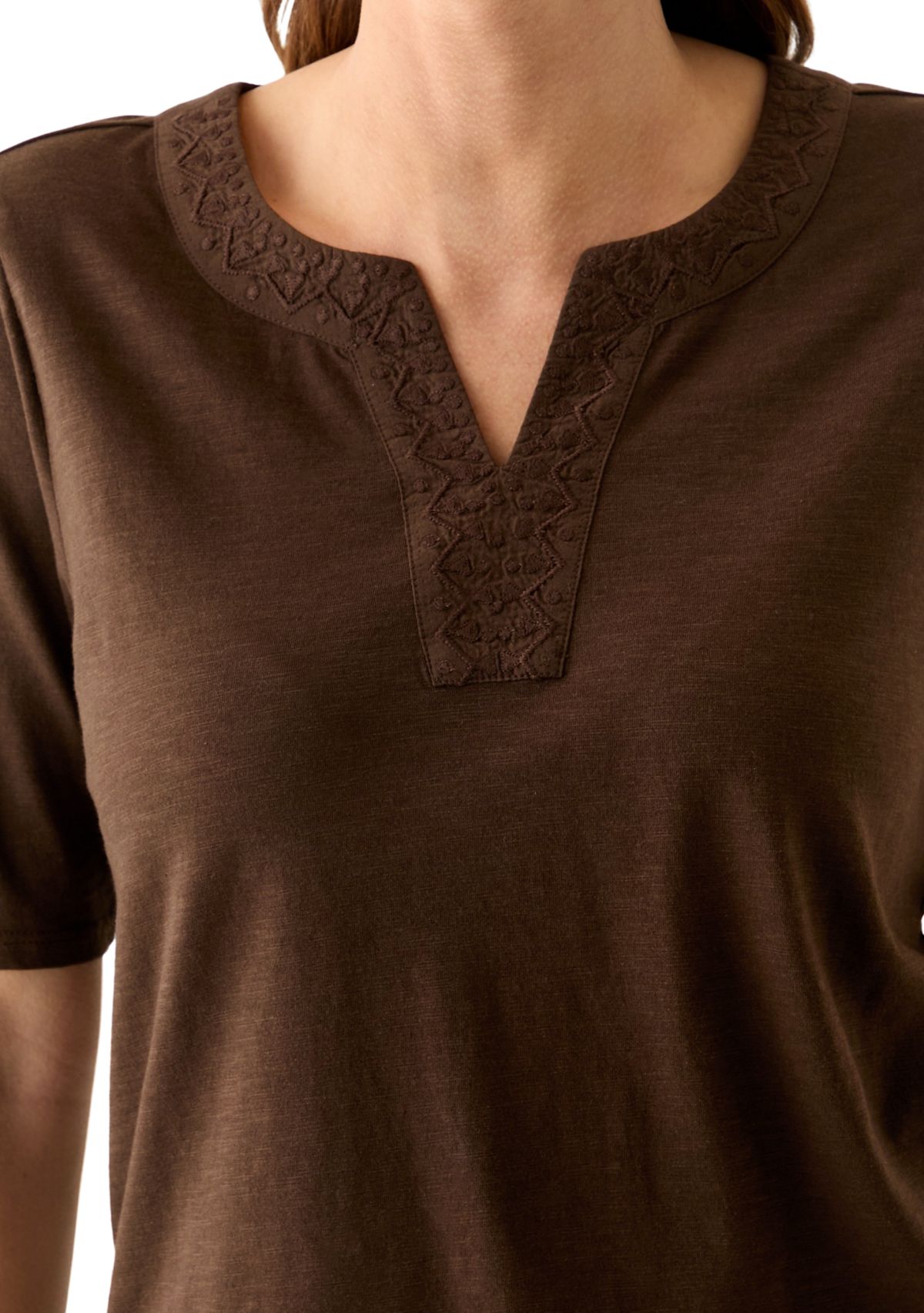 Womens Elbow Sleeve Split Neck Embroidered Top