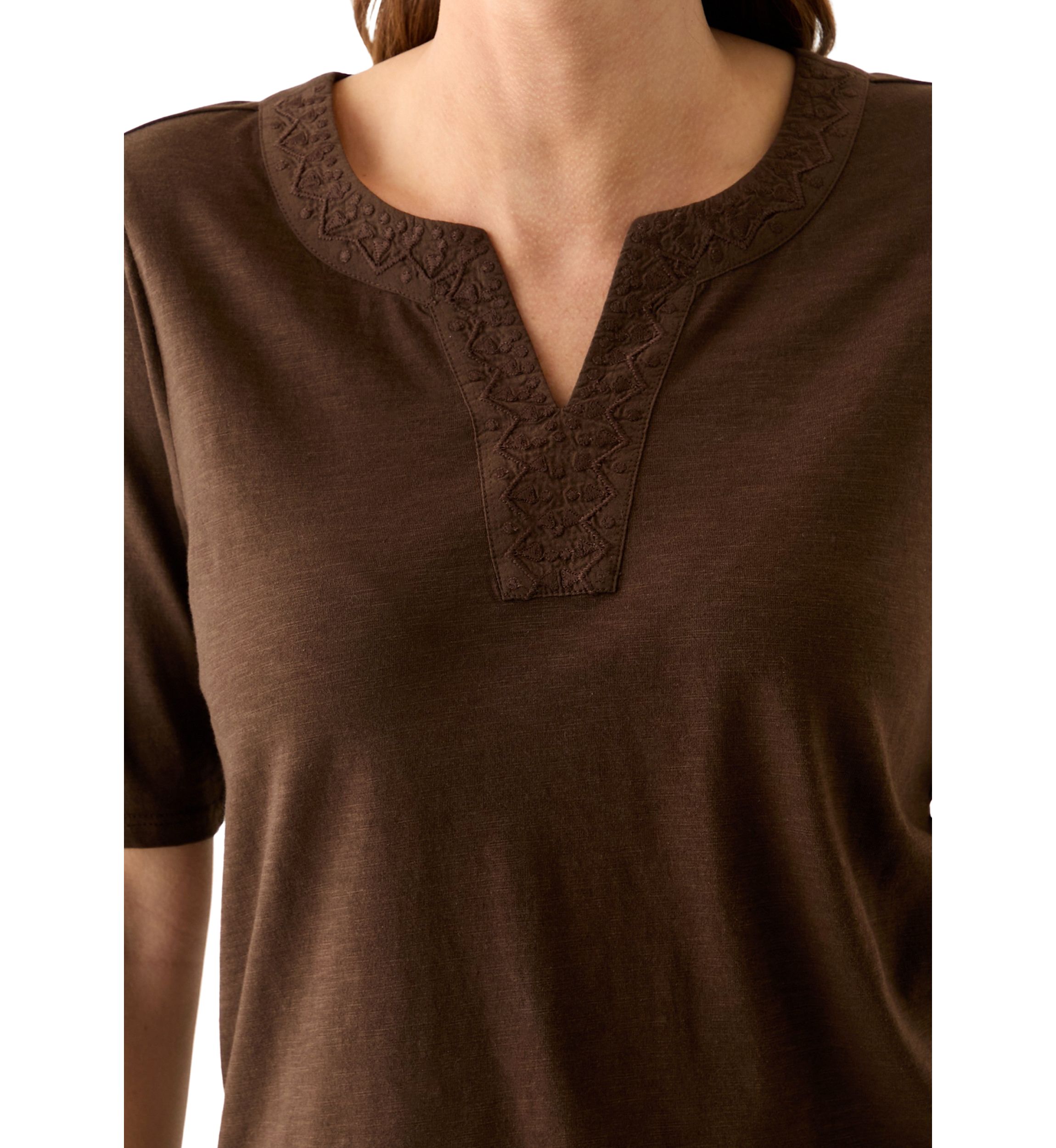 Womens Elbow Sleeve Split Neck Embroidered Top