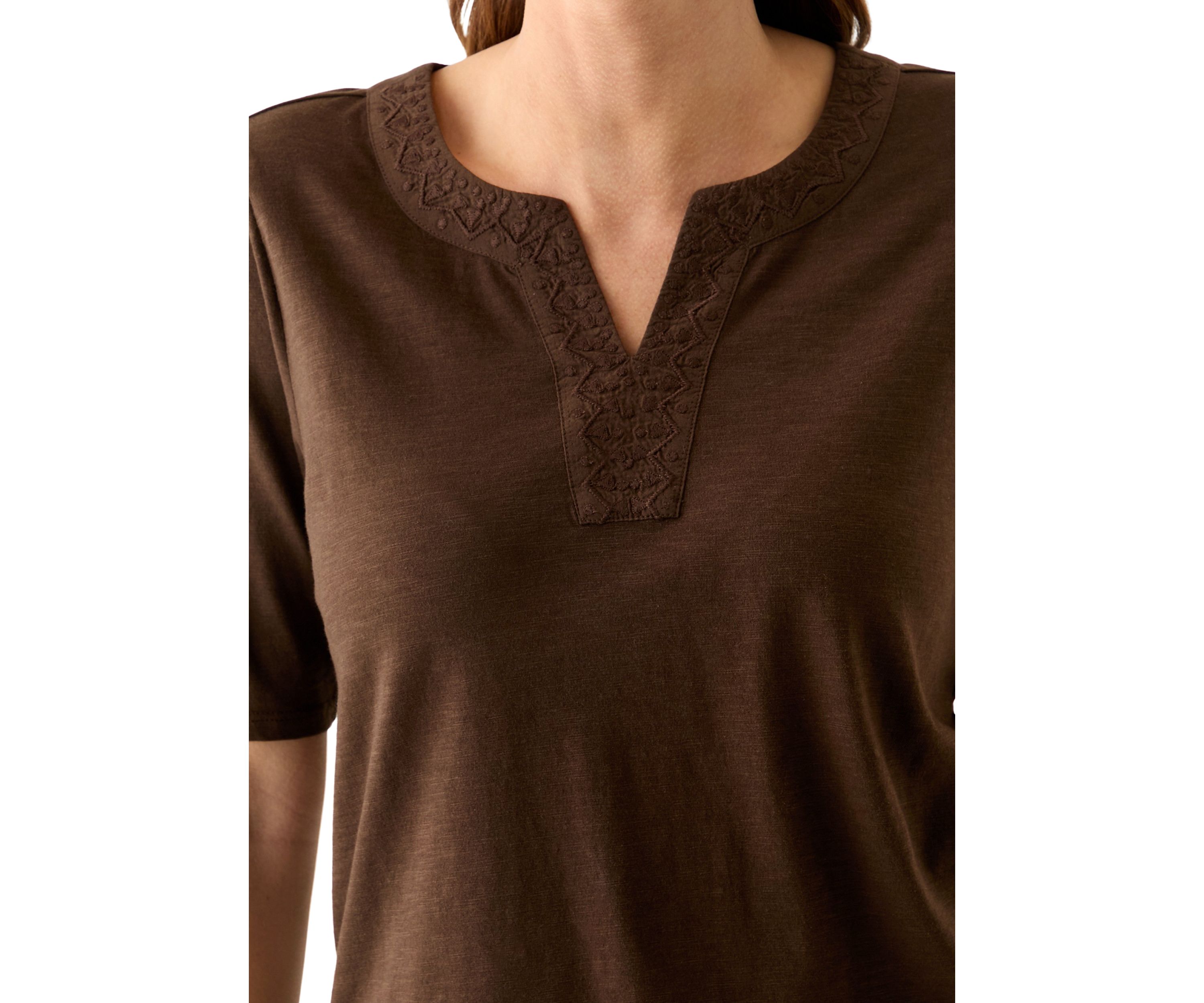 Womens Elbow Sleeve Split Neck Embroidered Top