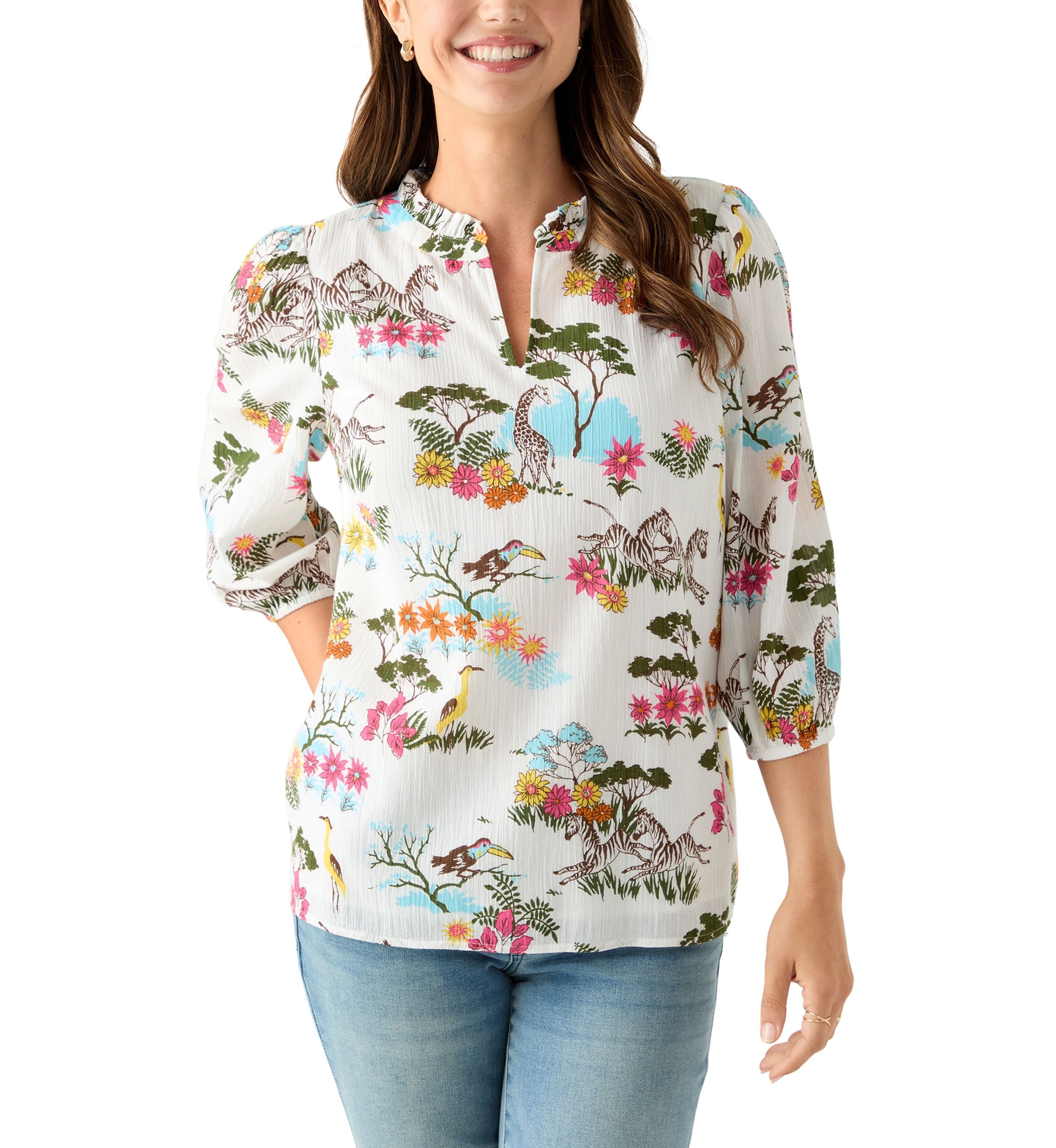 Womens 3/4 Sleeve Texture Woven Peasant Top