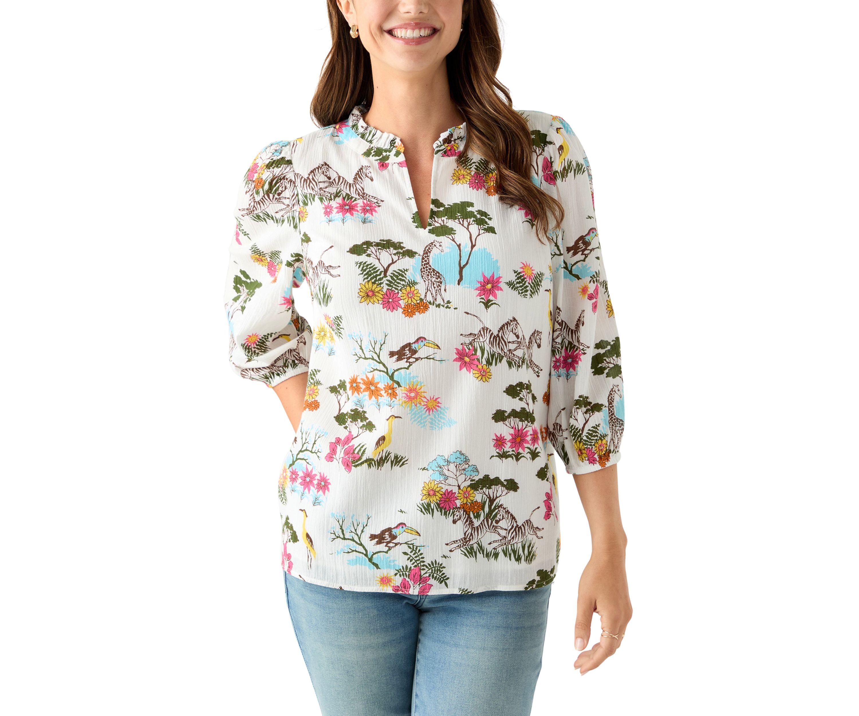 Womens 3/4 Sleeve Texture Woven Peasant Top