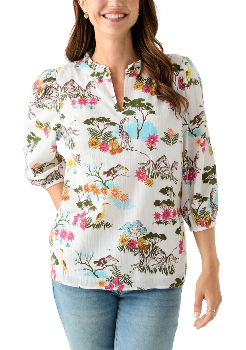Womens 3/4 Sleeve Texture Woven Peasant Top