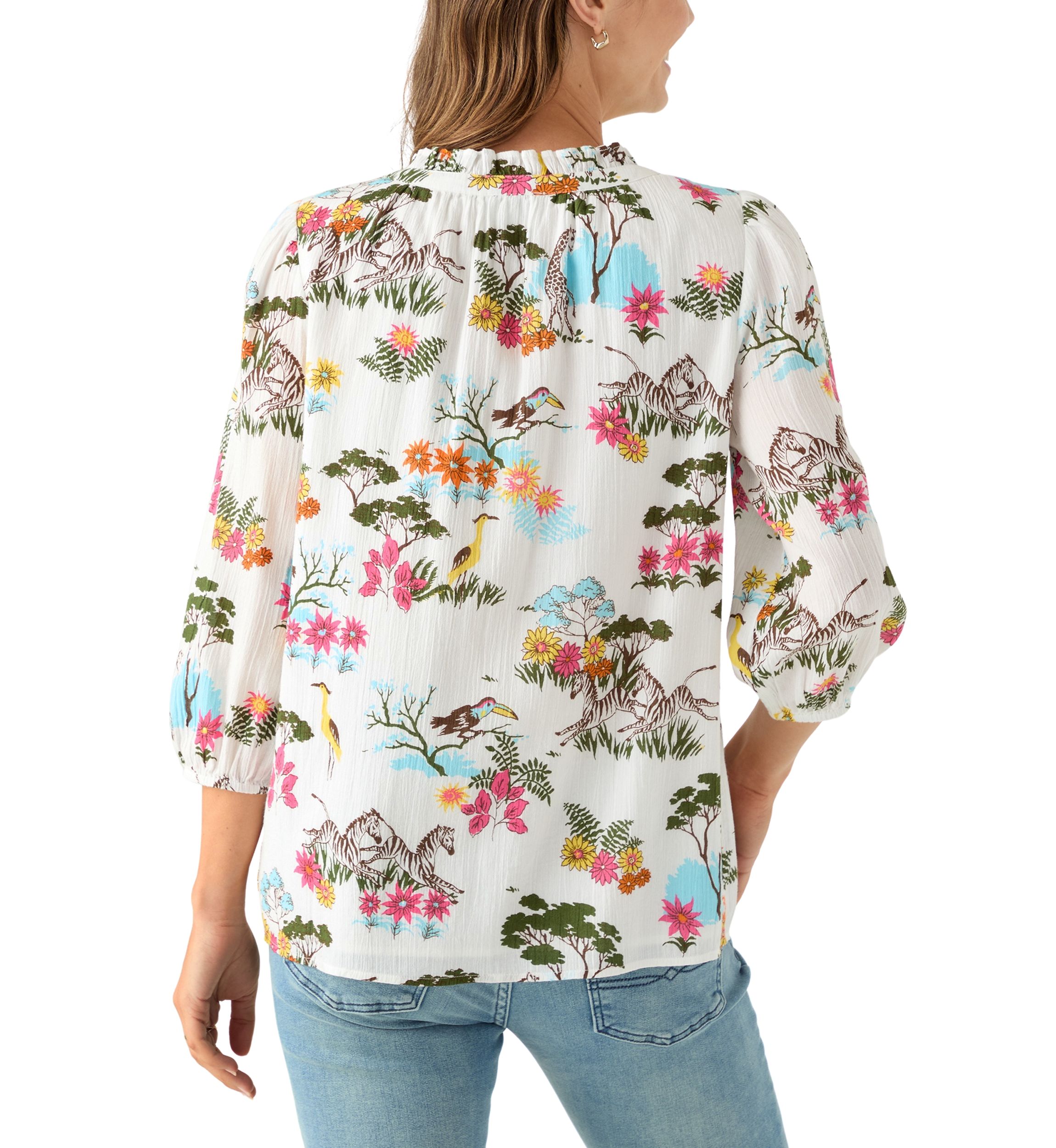 Womens 3/4 Sleeve Texture Woven Peasant Top