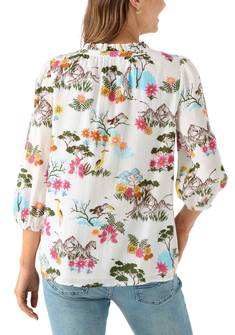 Womens 3/4 Sleeve Texture Woven Peasant Top