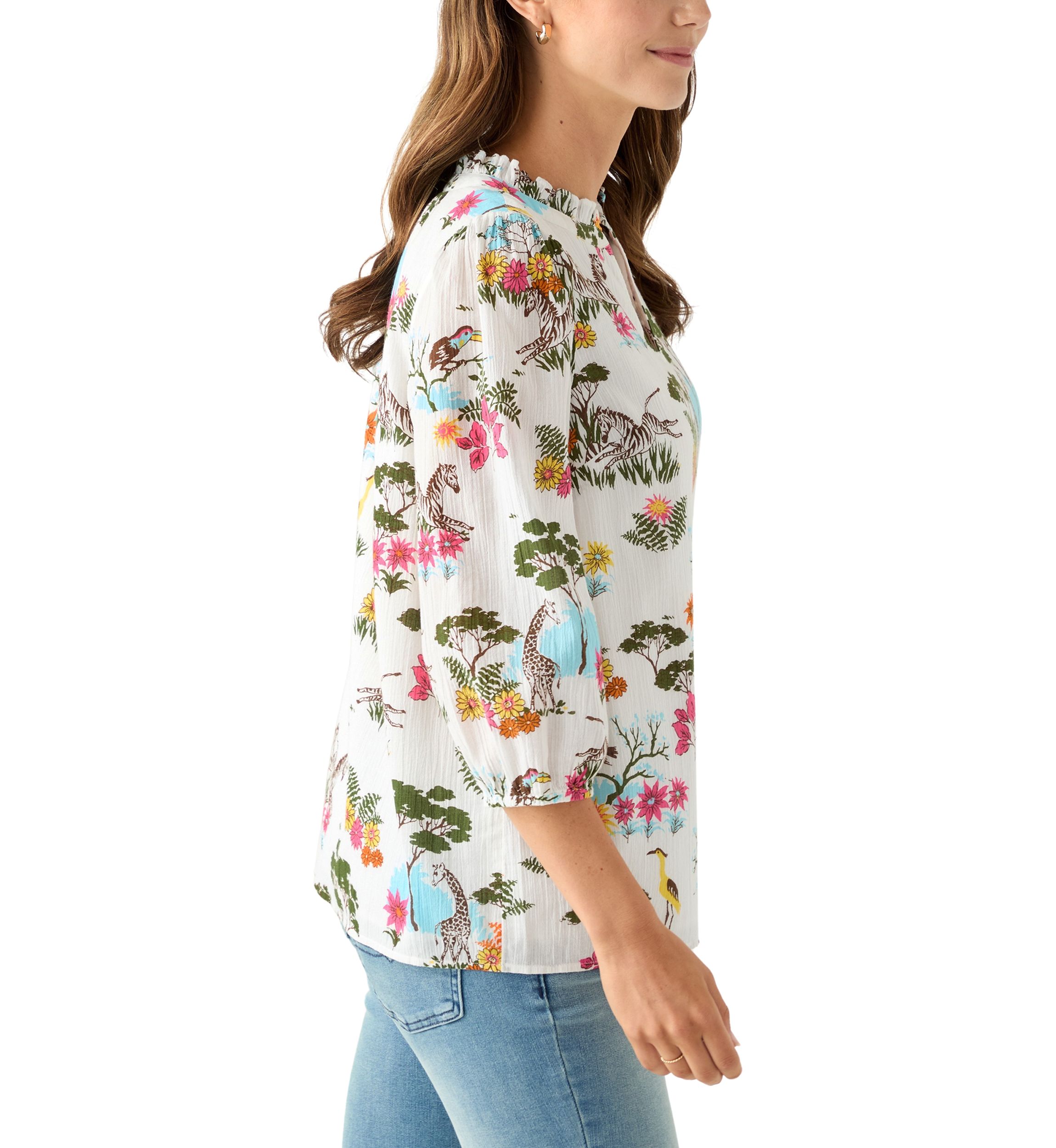 Womens 3/4 Sleeve Texture Woven Peasant Top