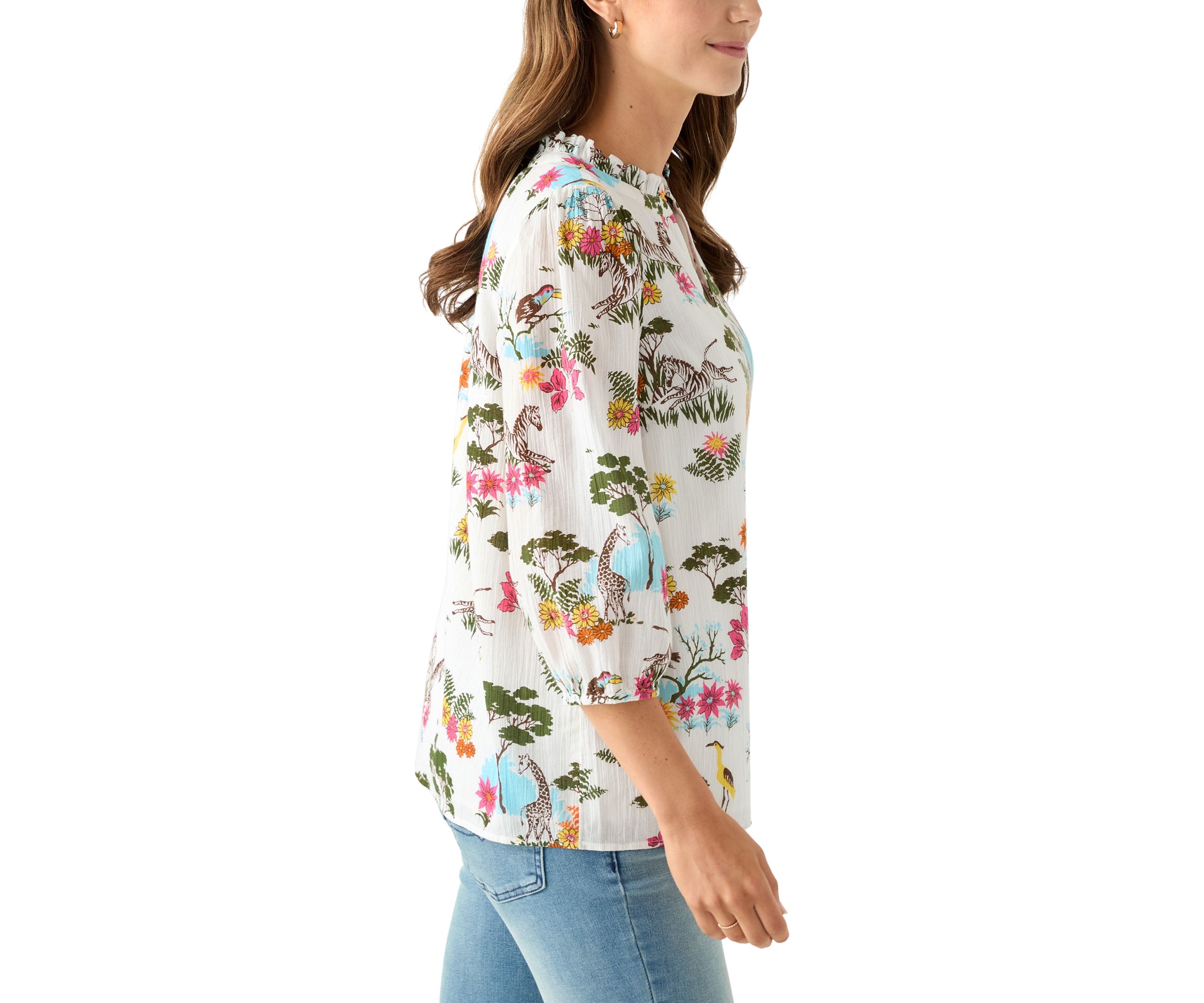 Womens 3/4 Sleeve Texture Woven Peasant Top