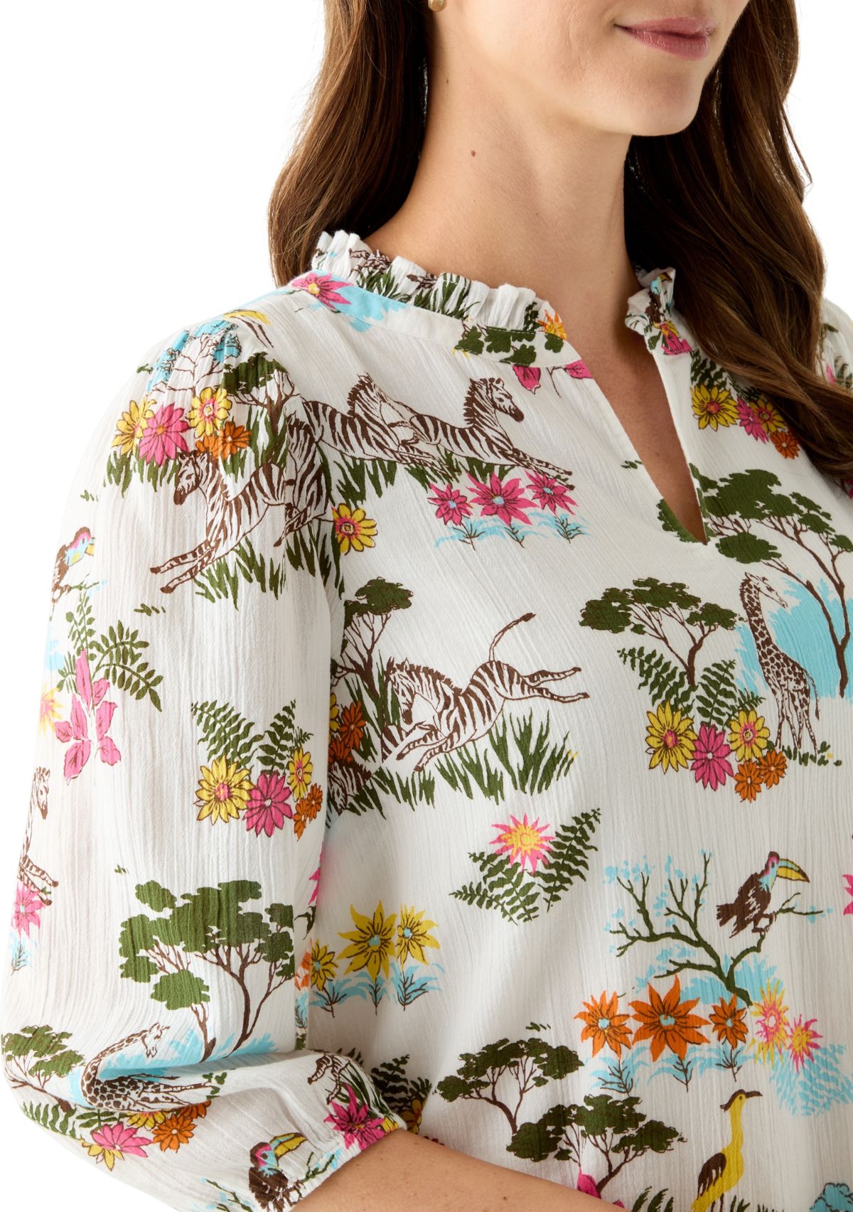 Womens 3/4 Sleeve Texture Woven Peasant Top