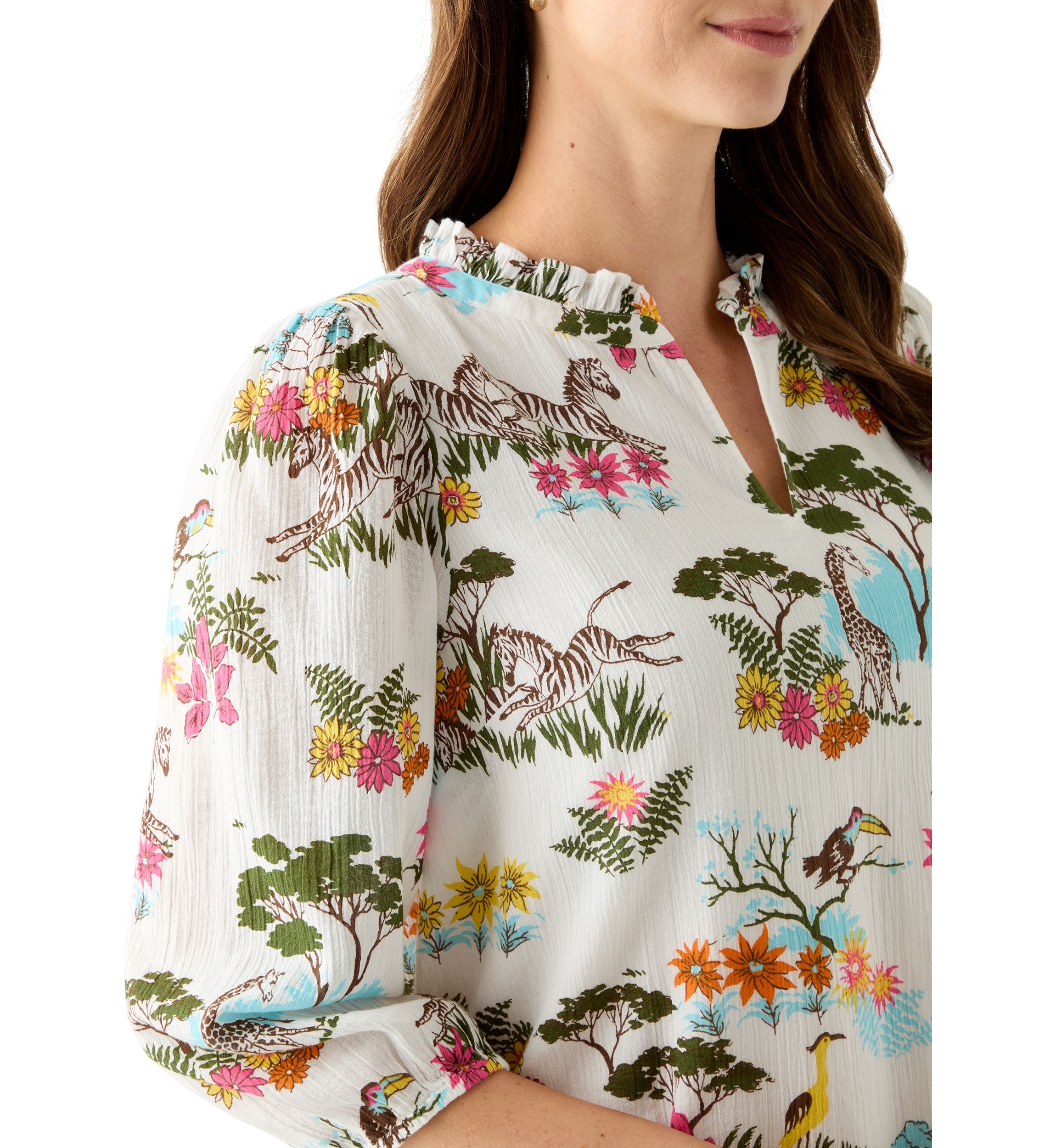 Womens 3/4 Sleeve Texture Woven Peasant Top