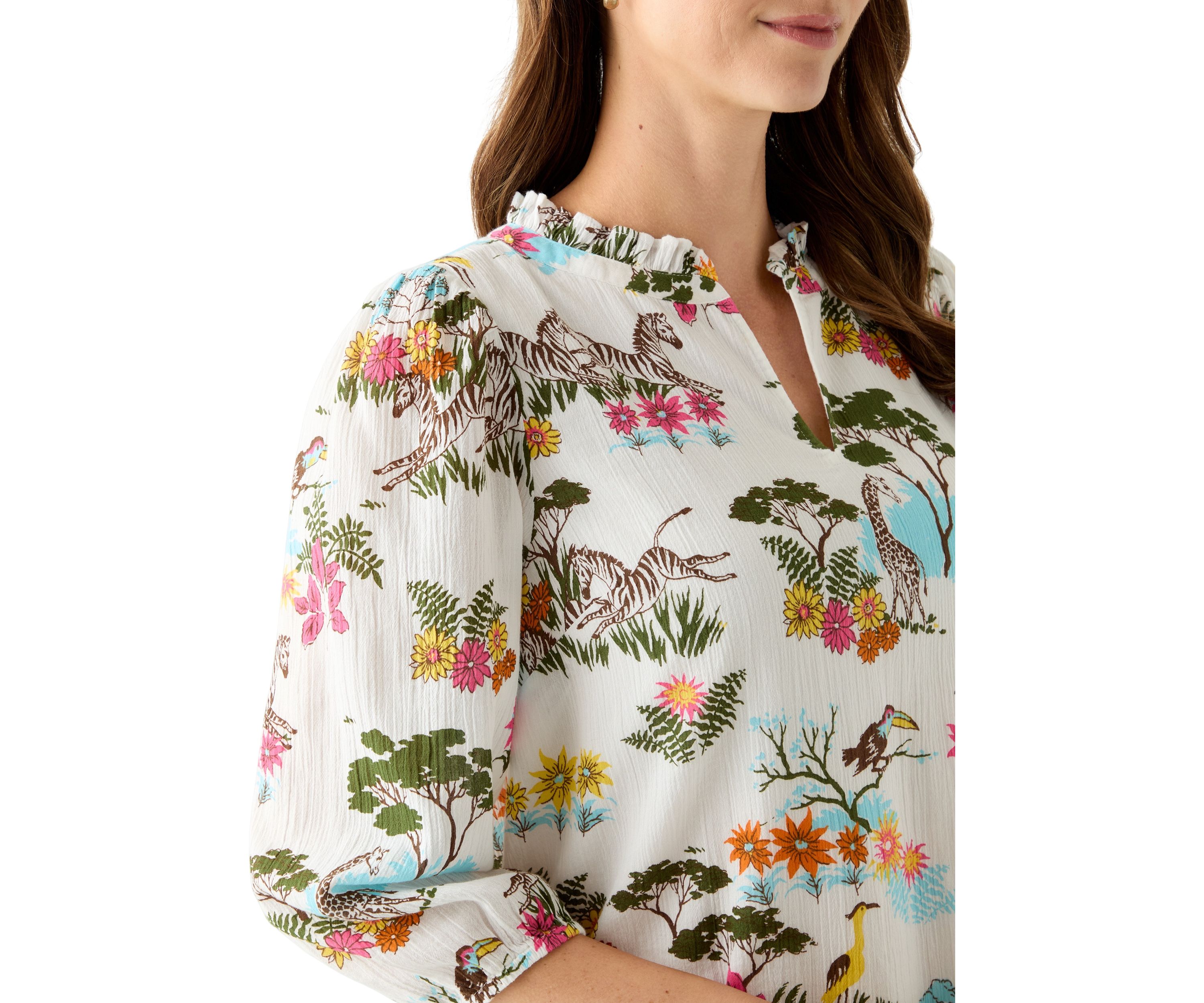 Womens 3/4 Sleeve Texture Woven Peasant Top