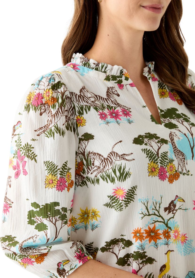 Womens 3/4 Sleeve Texture Woven Peasant Top