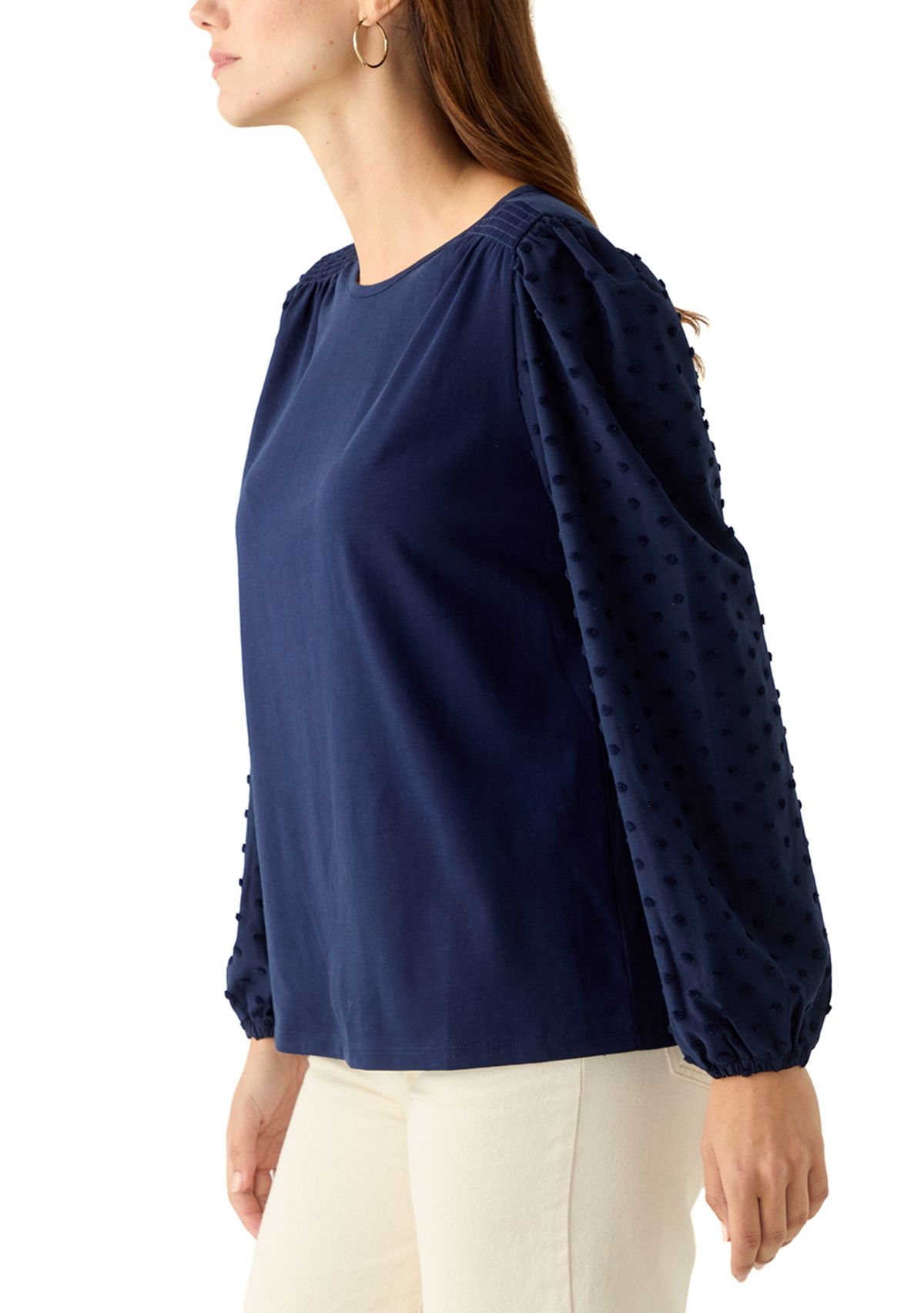 Womens Long Puff Sleeve Texture Knit Solid Sweater