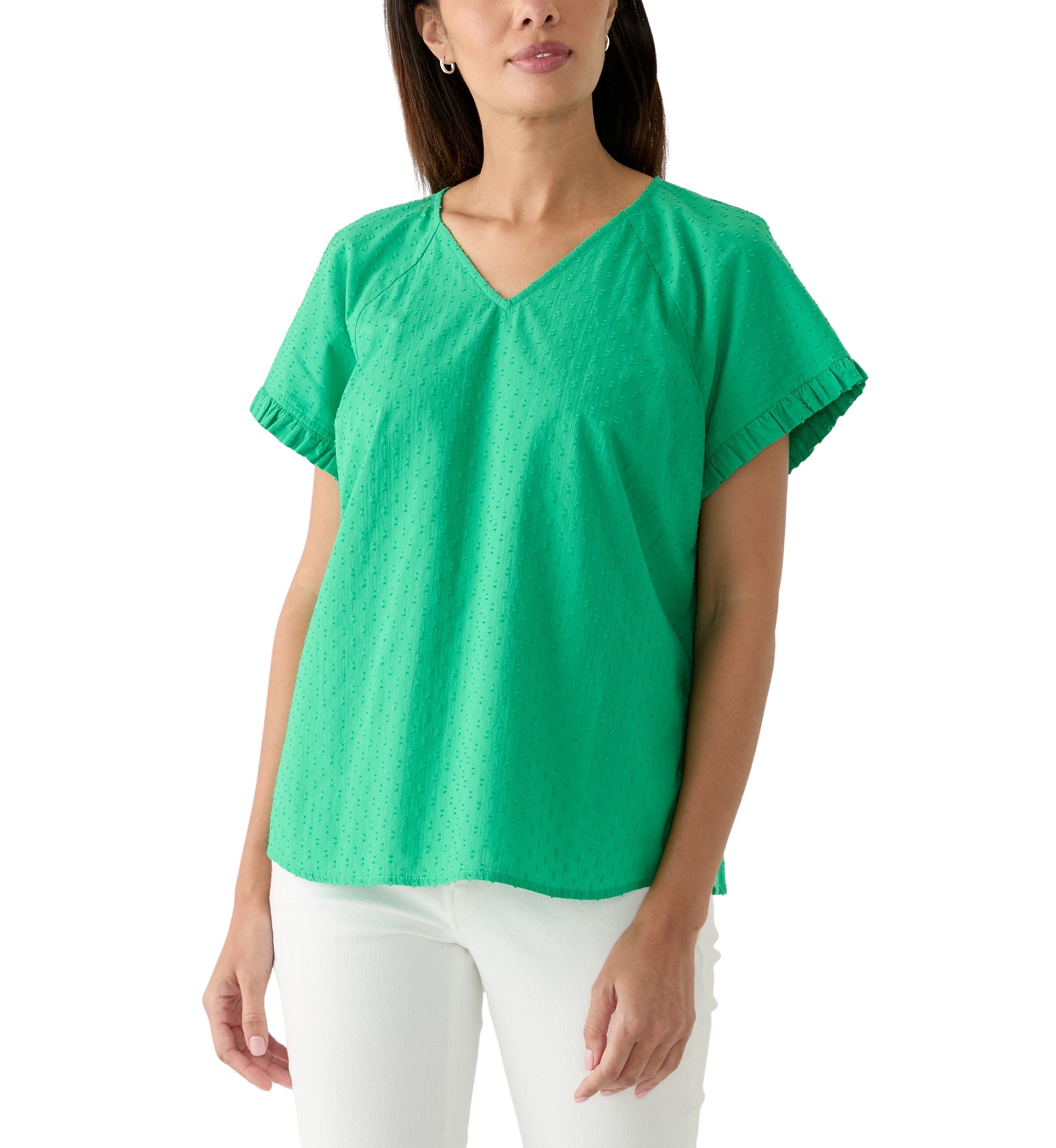 Womens Short Sleeve Ruffle Trim V-Neck Top