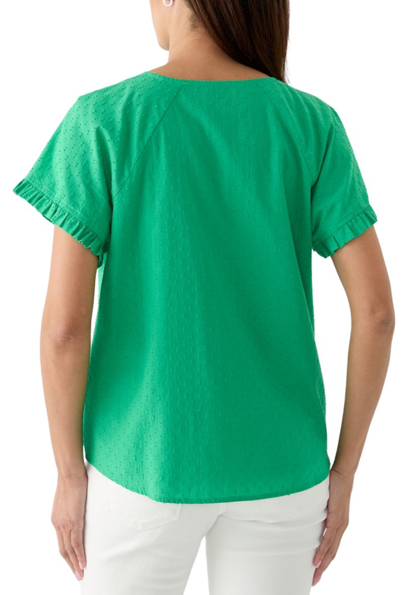 Womens Short Sleeve Ruffle Trim V-Neck Top