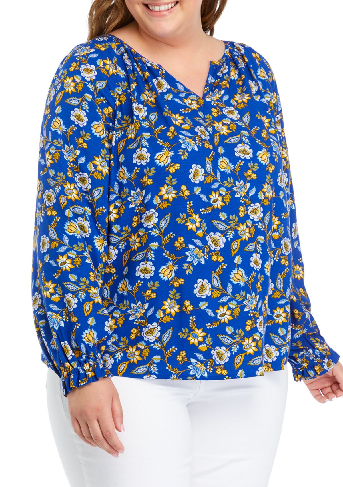Plus Size Printed Smocked Shoulder Top