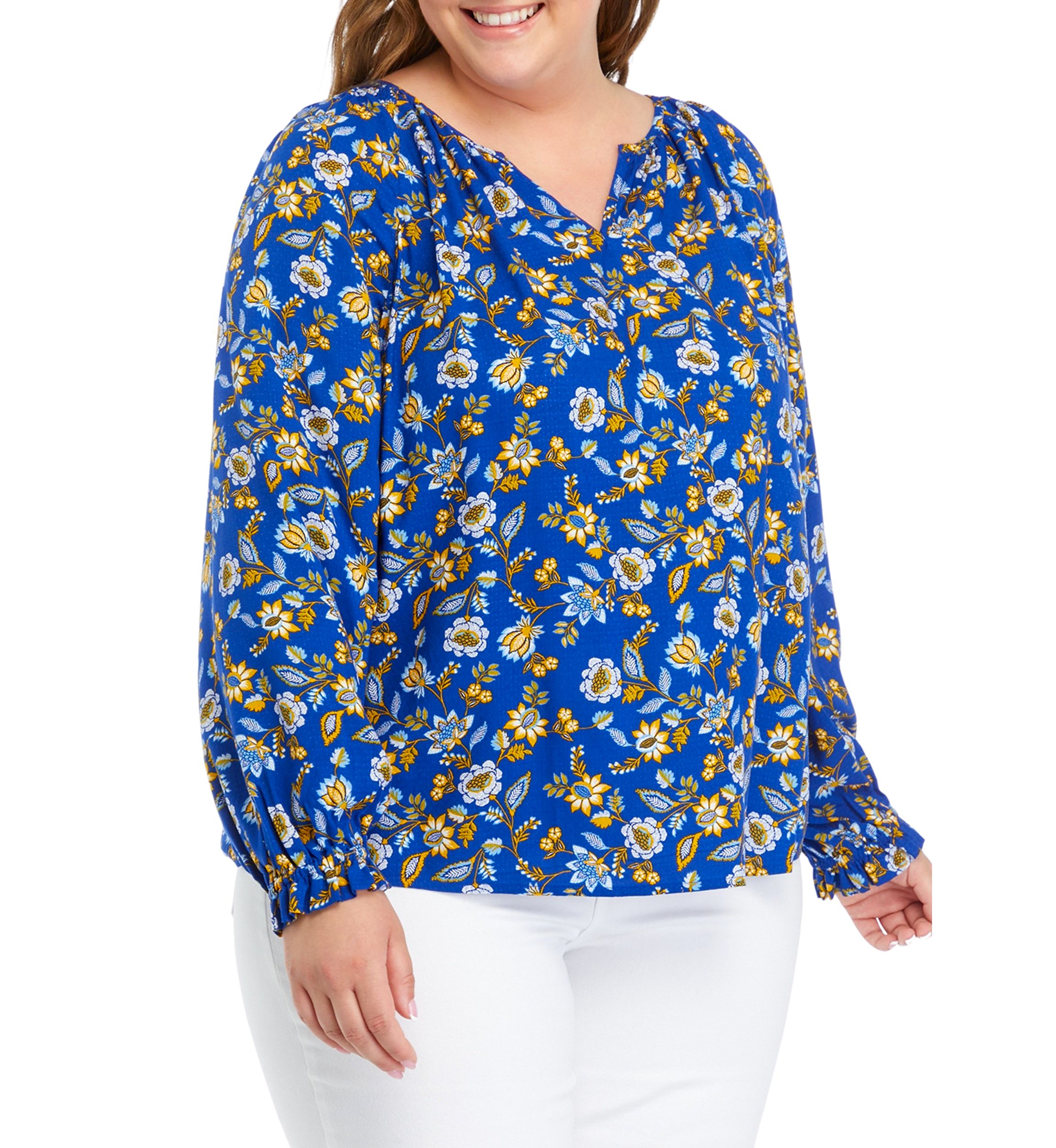 Plus Size Printed Smocked Shoulder Top