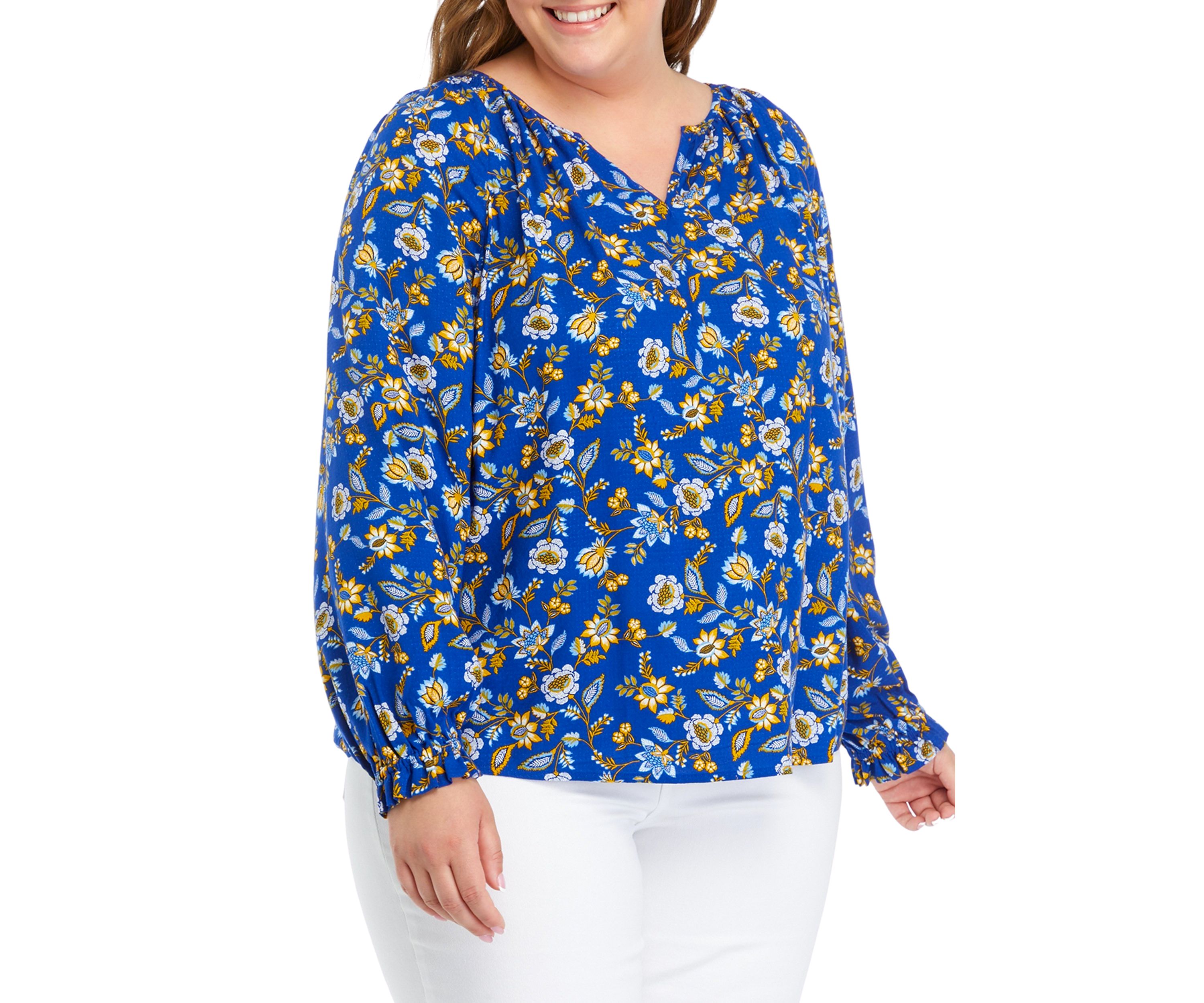 Plus Size Printed Smocked Shoulder Top