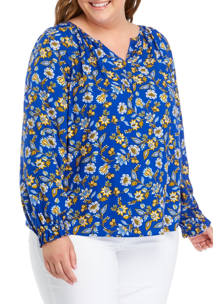 Plus Size Printed Smocked Shoulder Top