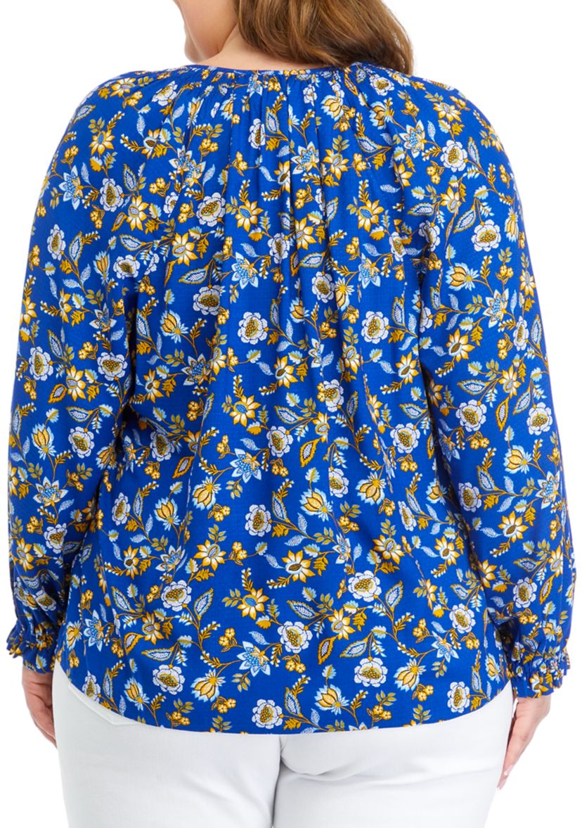 Plus Size Printed Smocked Shoulder Top