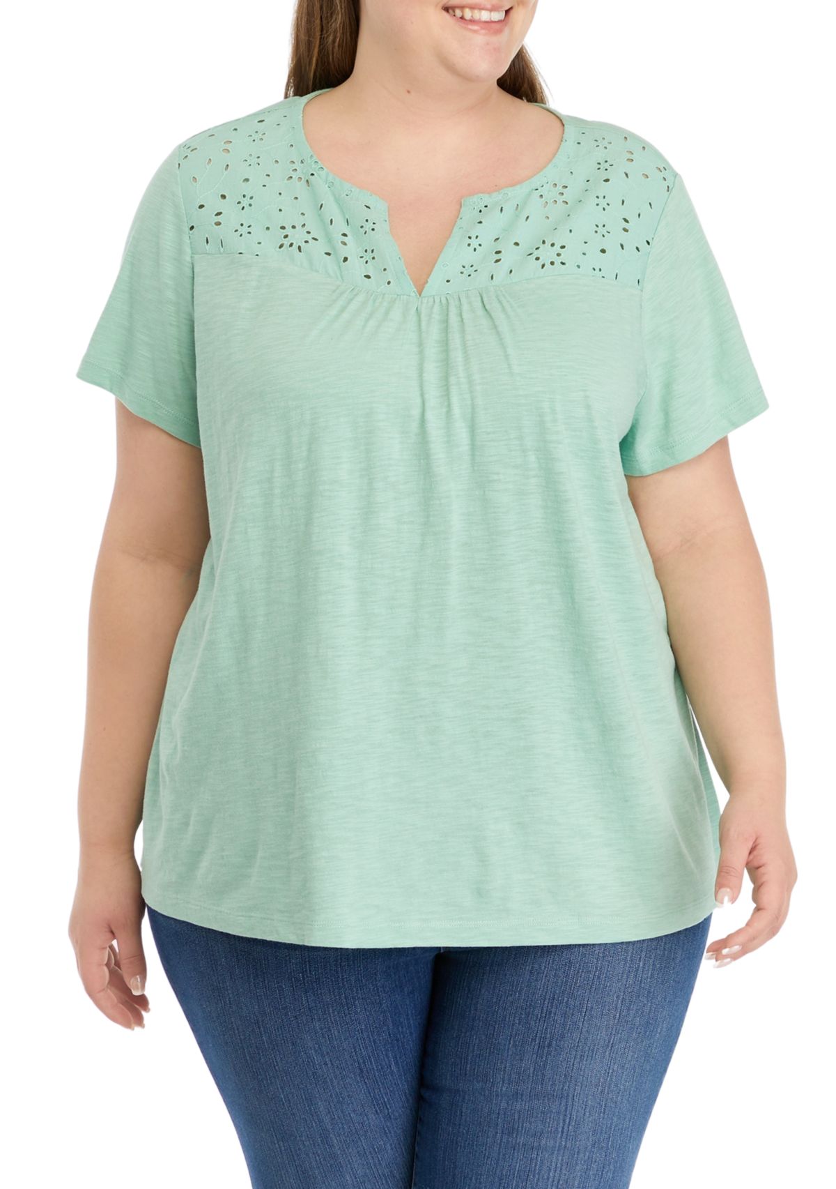 Plus Size Short Sleeve Eyelet Yoke T-Shirt