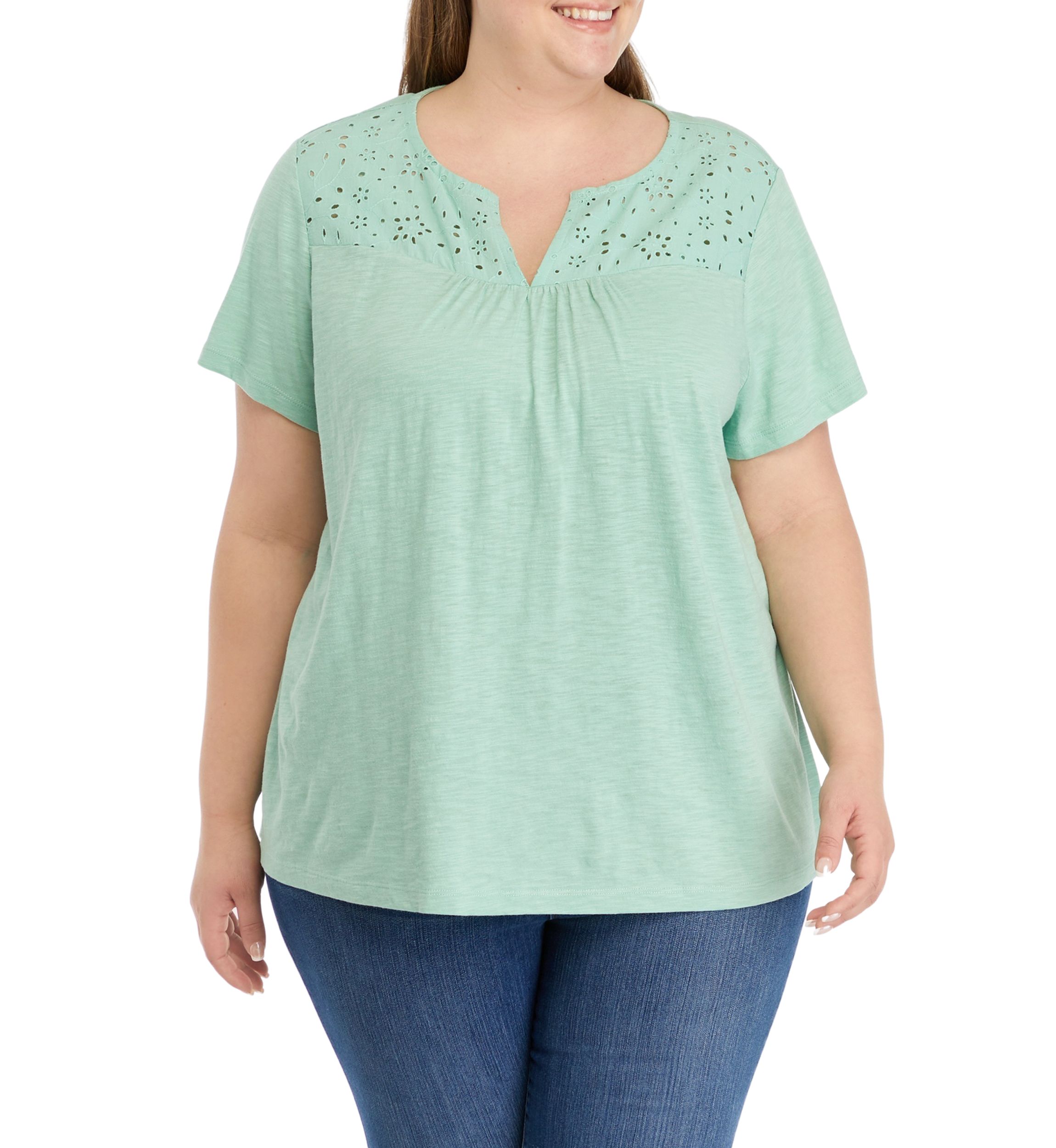 Plus Size Short Sleeve Eyelet Yoke T-Shirt