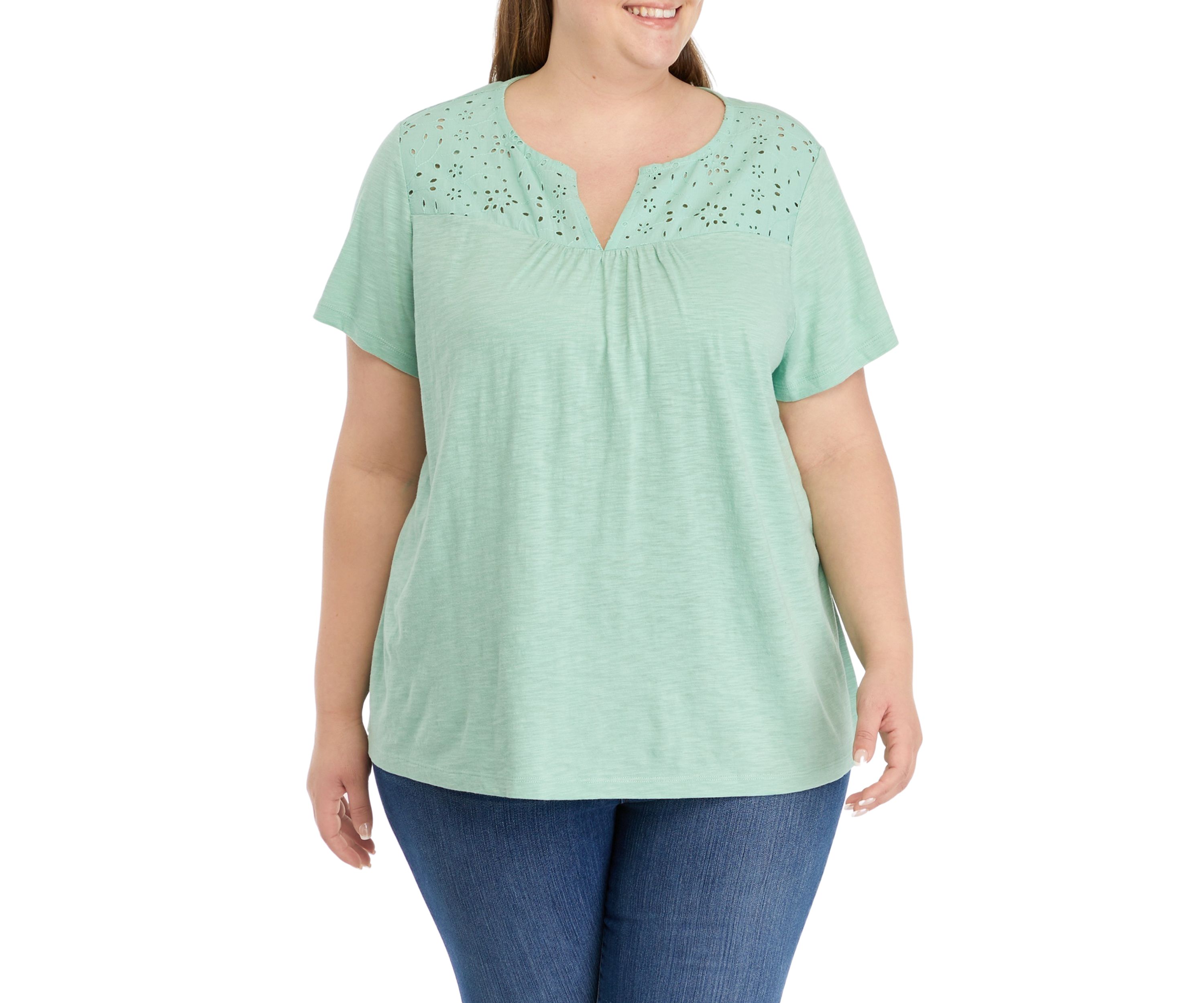 Plus Size Short Sleeve Eyelet Yoke T-Shirt